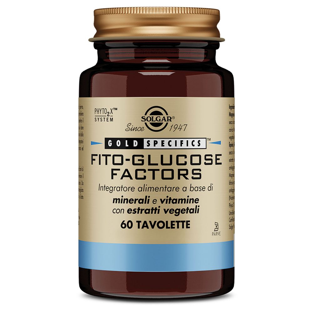 Flacone di vetro marrone con tappo dorato. Etichetta con nome prodotto: FITO-GLUCOSE FACTORS, marchio SOLGAR. 60 compresse.