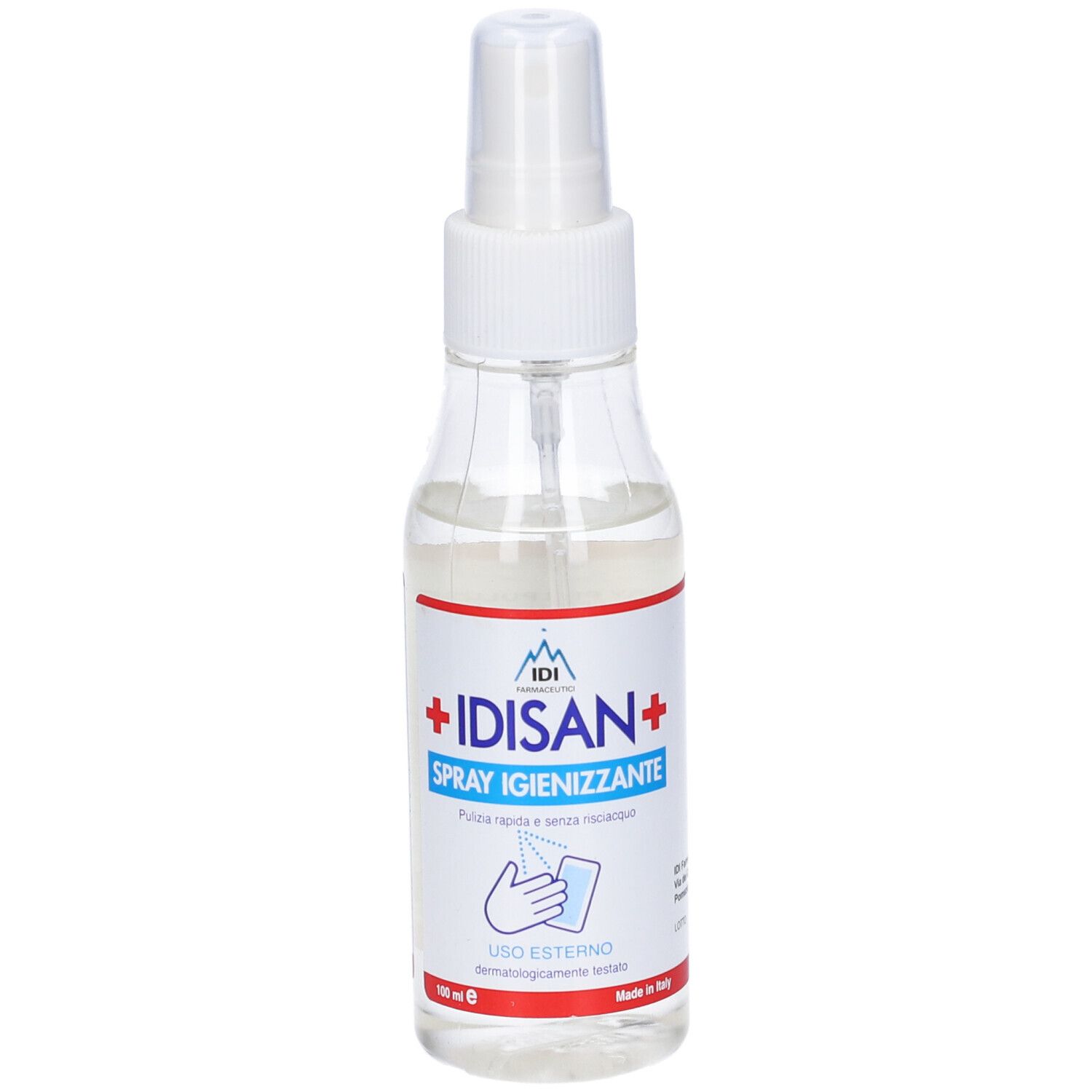 Flacone spray trasparente con erogatore bianco. Etichetta con nome e logo del prodotto. Simbolo mano.