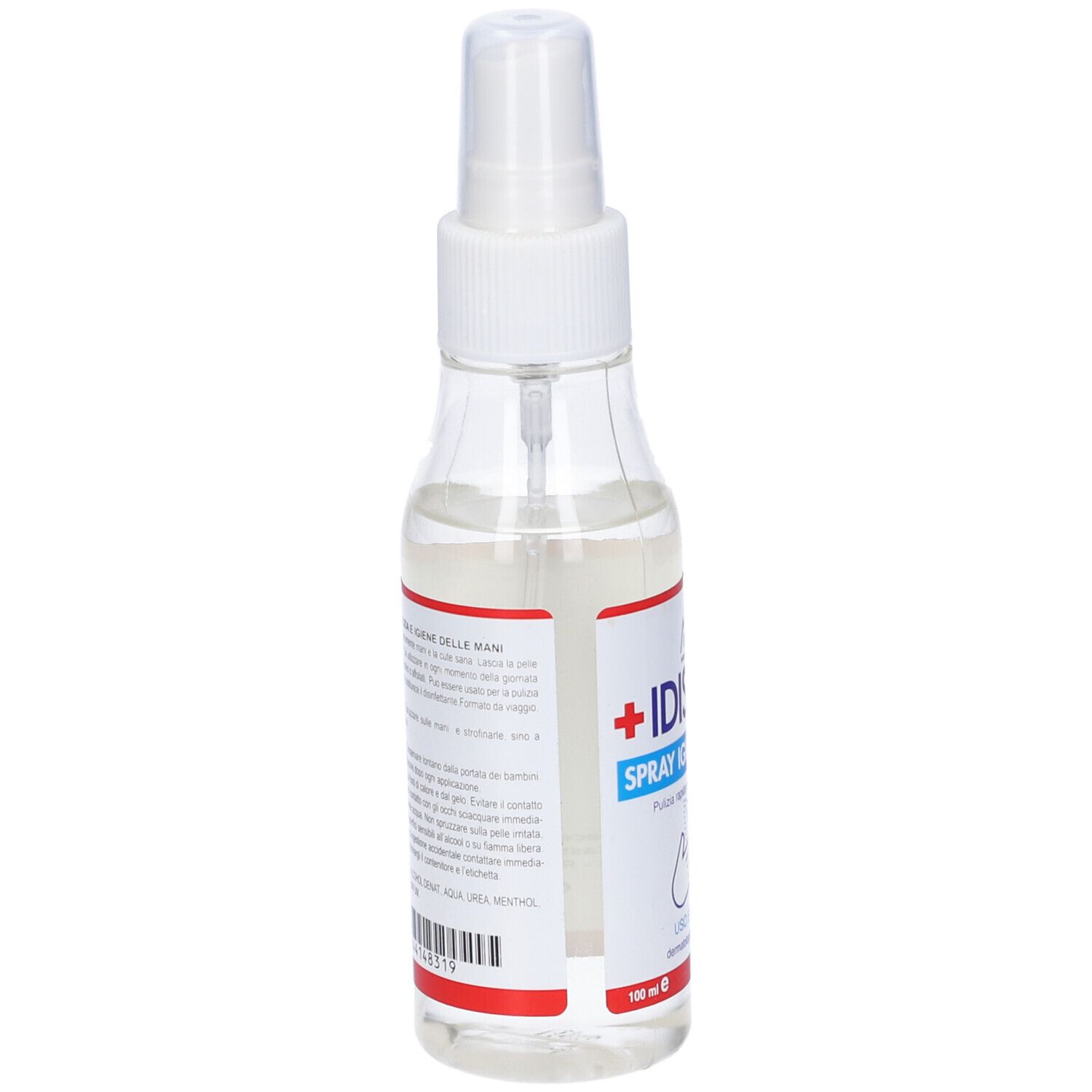 Flacone spray trasparente con erogatore bianco. Retro con testo e fascia rossa in basso.