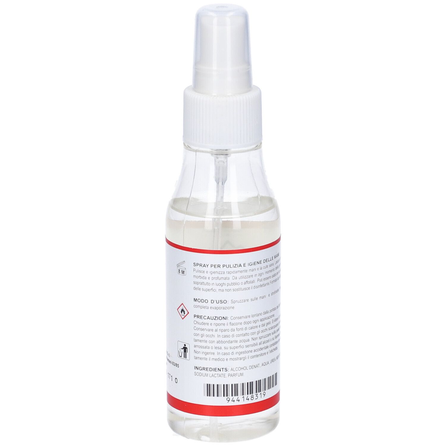 Flacone spray trasparente con erogatore bianco. Retro con testo e fascia rossa in basso.