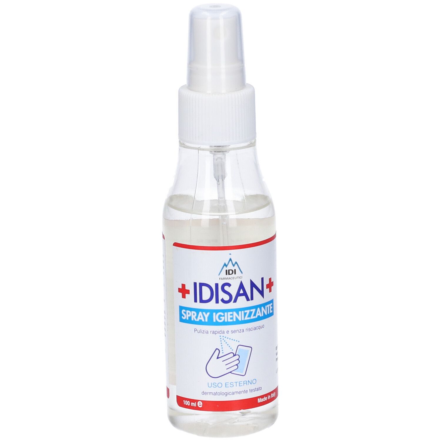 Flacone spray trasparente con erogatore bianco. Etichetta con nome e logo del prodotto. Simbolo mano.
