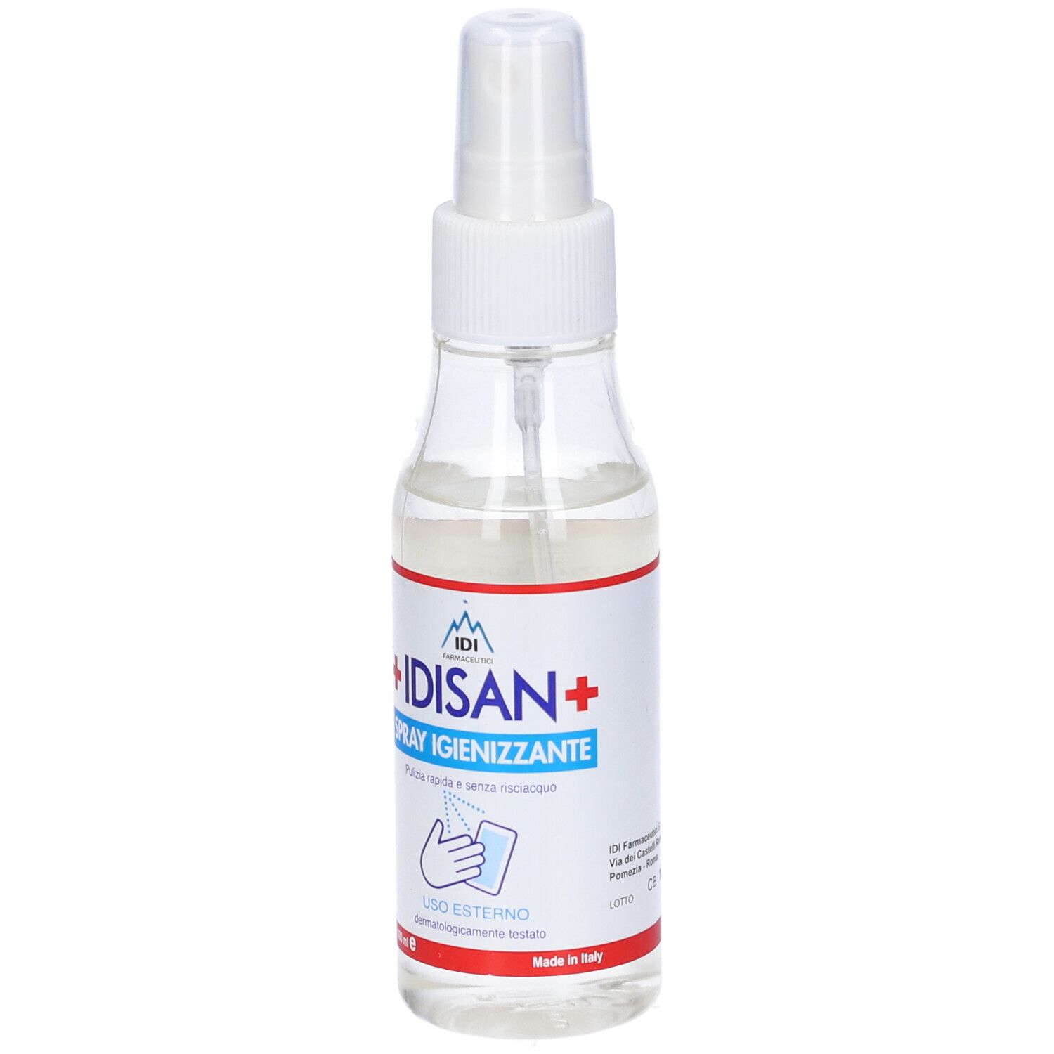 Flacone spray trasparente con erogatore bianco. Etichetta con nome e logo del prodotto. Simbolo mano.