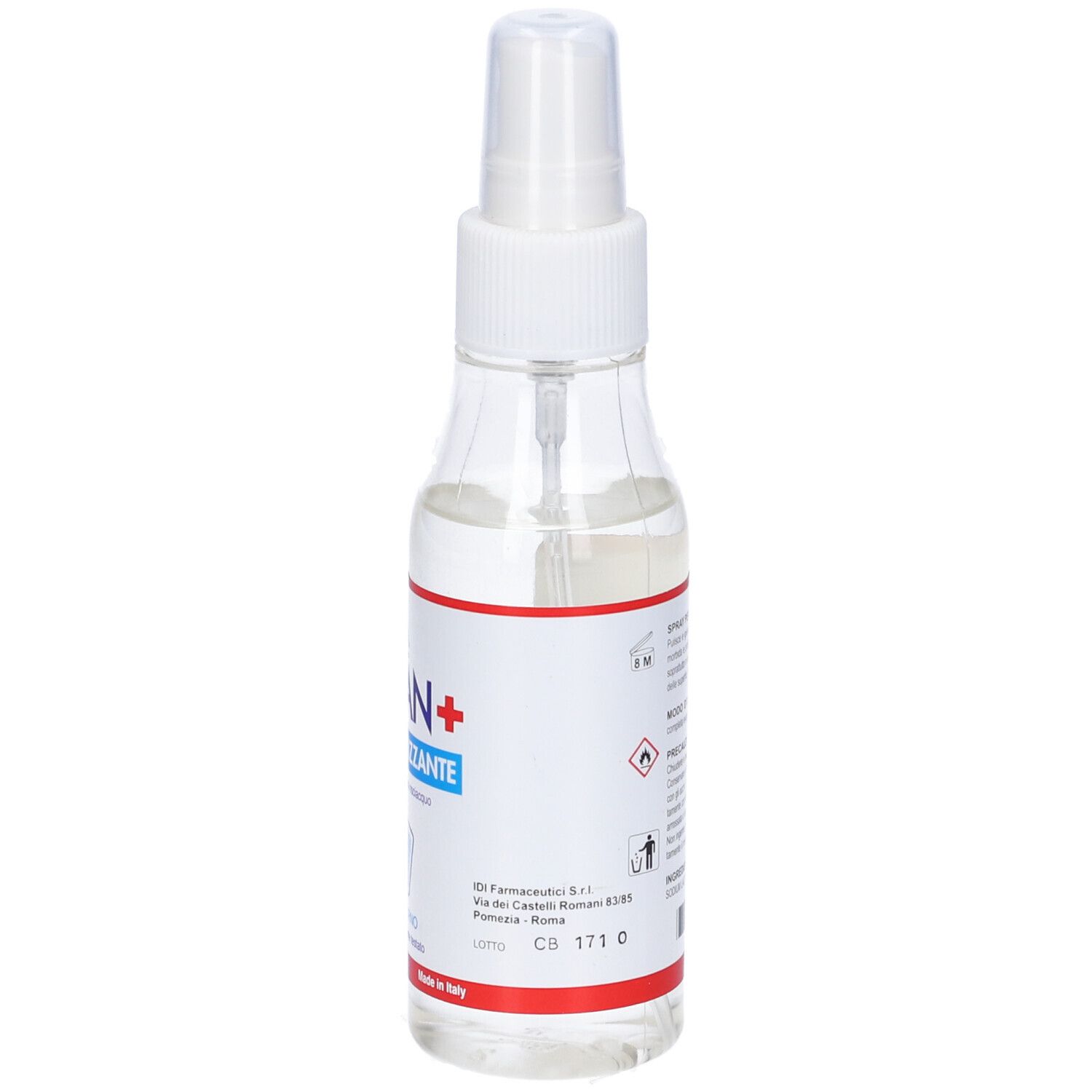 Flacone spray trasparente con erogatore bianco. Retro con testo e fascia rossa in basso.