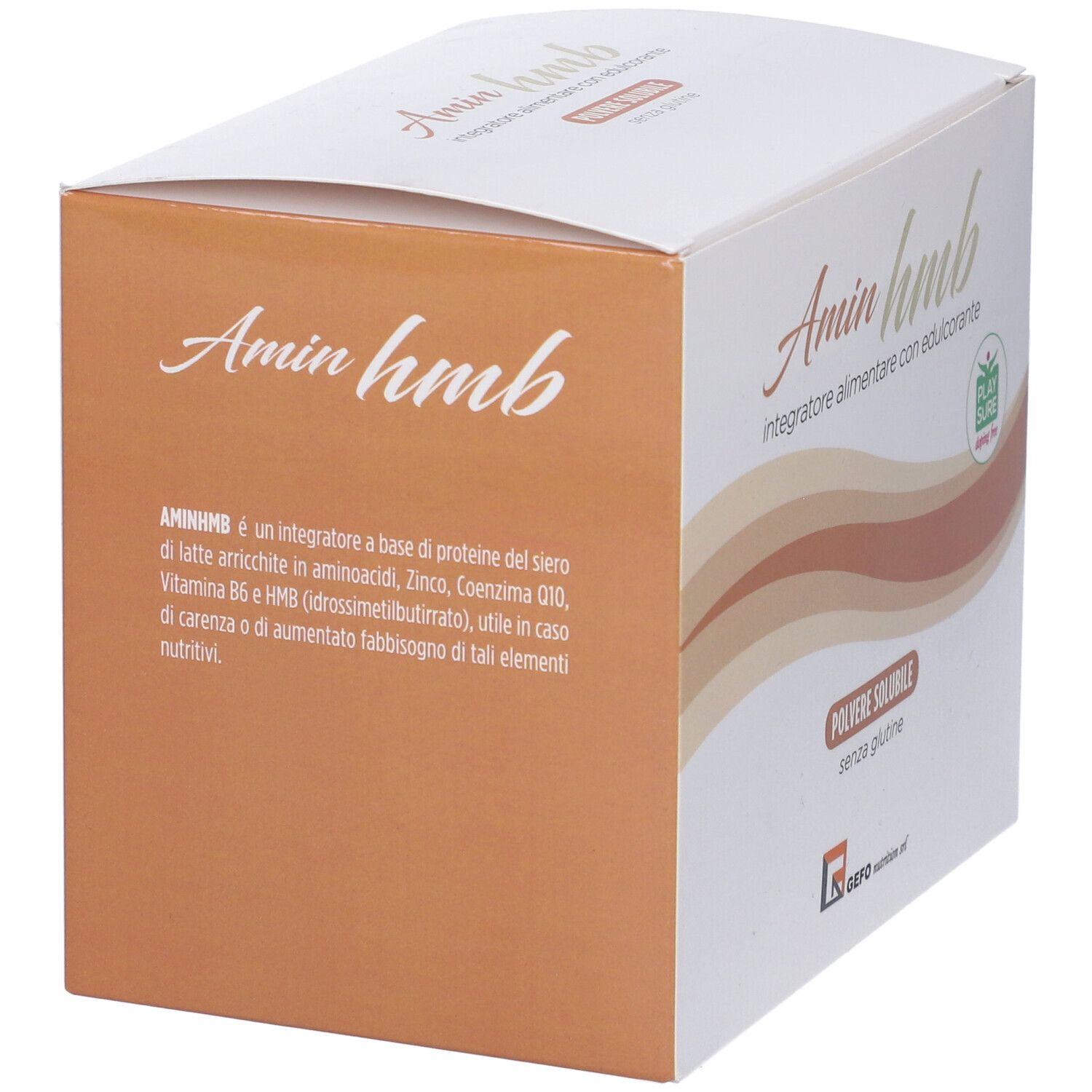 Scatola bianca Amin hmb. Scritto: Integratore alimentare con edulcorante. Testo in italiano. Logo GEFO Nutrition.