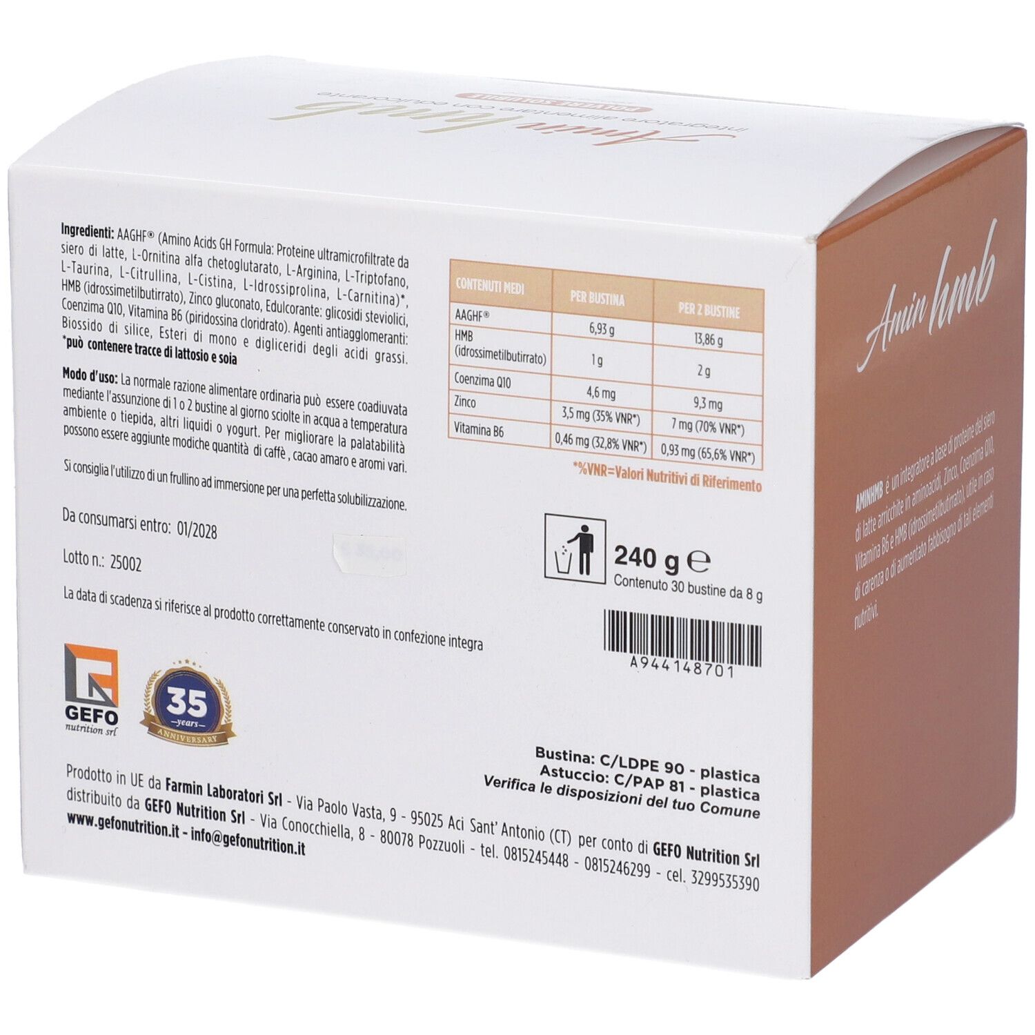 Retro scatola Amin hmb. Elenco ingredienti, tabella nutrizionale, testo italiano. 30 bustine, 240 g.