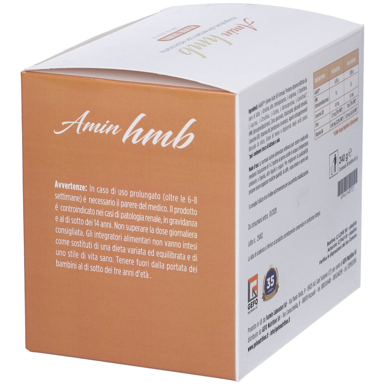 Retro scatola Amin hmb. Avvertenze, testo italiano. Logo GEFO Nutrition. 35 anni.