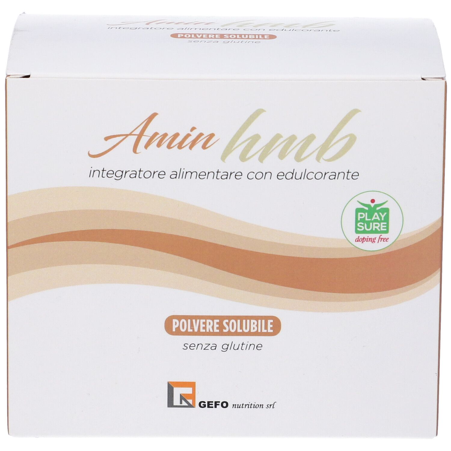 Scatola bianca Amin hmb. Scritto: Integratore alimentare con edulcorante. Senza glutine. Logo Play Sure.