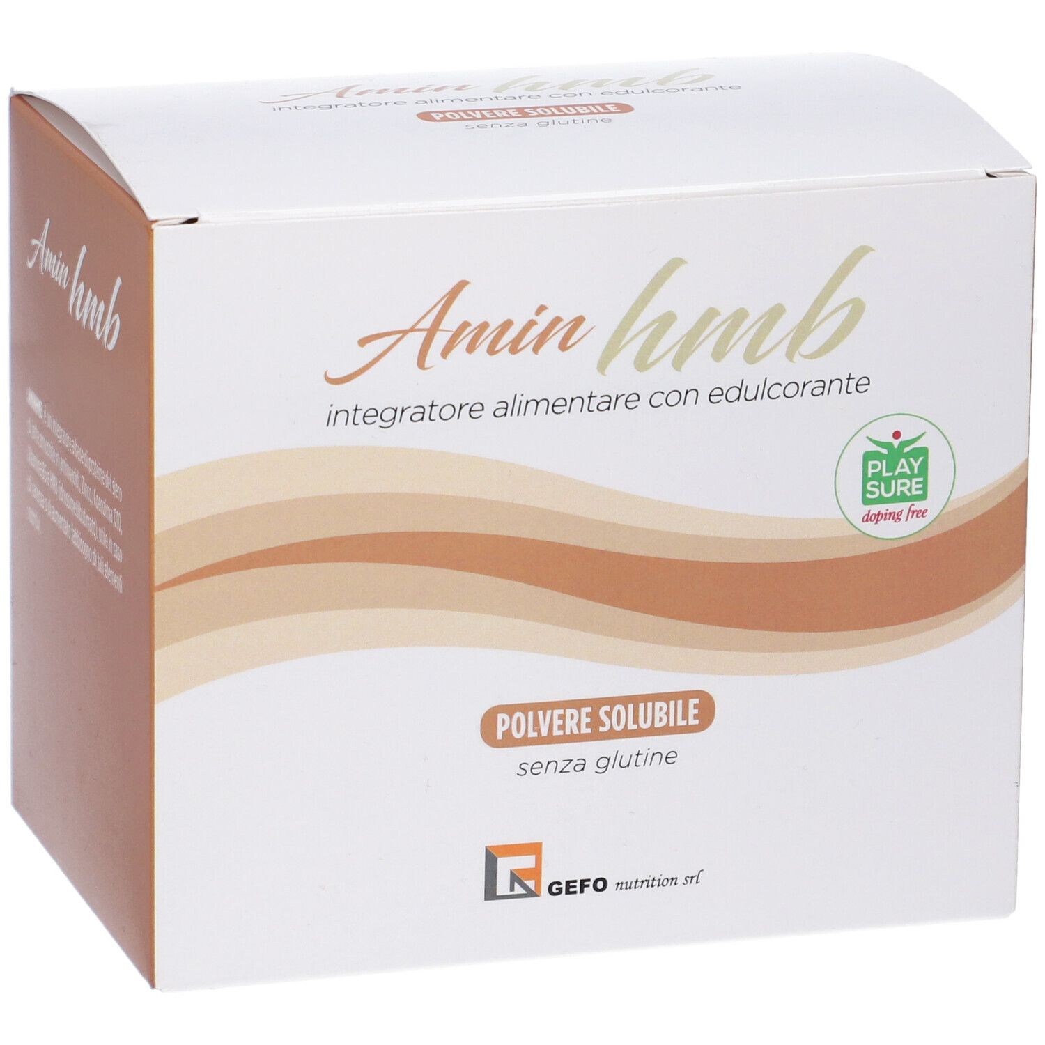 Scatola bianca Amin hmb. Scritto: Integratore alimentare con edulcorante. Senza glutine. Logo Play Sure.