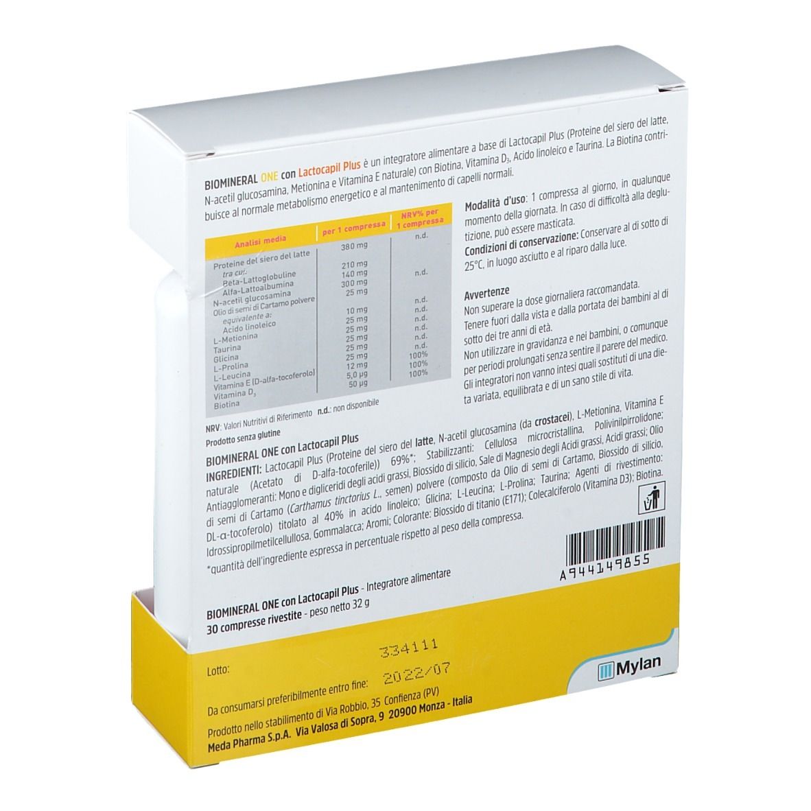 Confezione di BIOMINERAL ONE con LactoCapil Plus. Contiene informazioni su ingredienti e utilizzo.