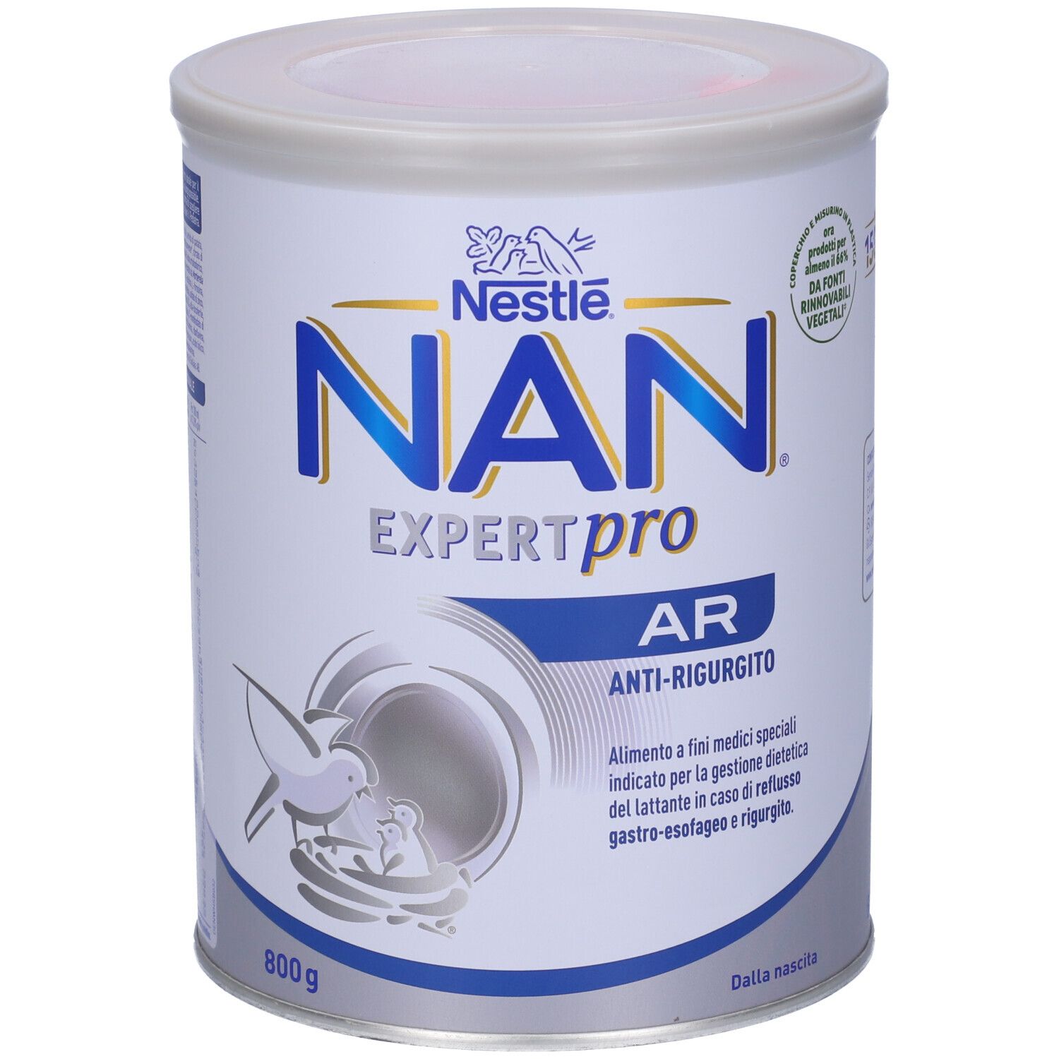 Lattina Nestlé NAN Expert Pro AR, 800g. Scritta NAN Expert Pro AR, anti-rigurgito. Logo Nestlé. Lattina con coperchio.
