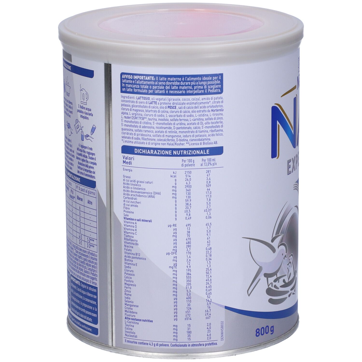 Retro della lattina Nestlé NAN Expert Pro AR, 800g. Testo con informazioni nutrizionali e ingredienti. Lattina con coperchio.
