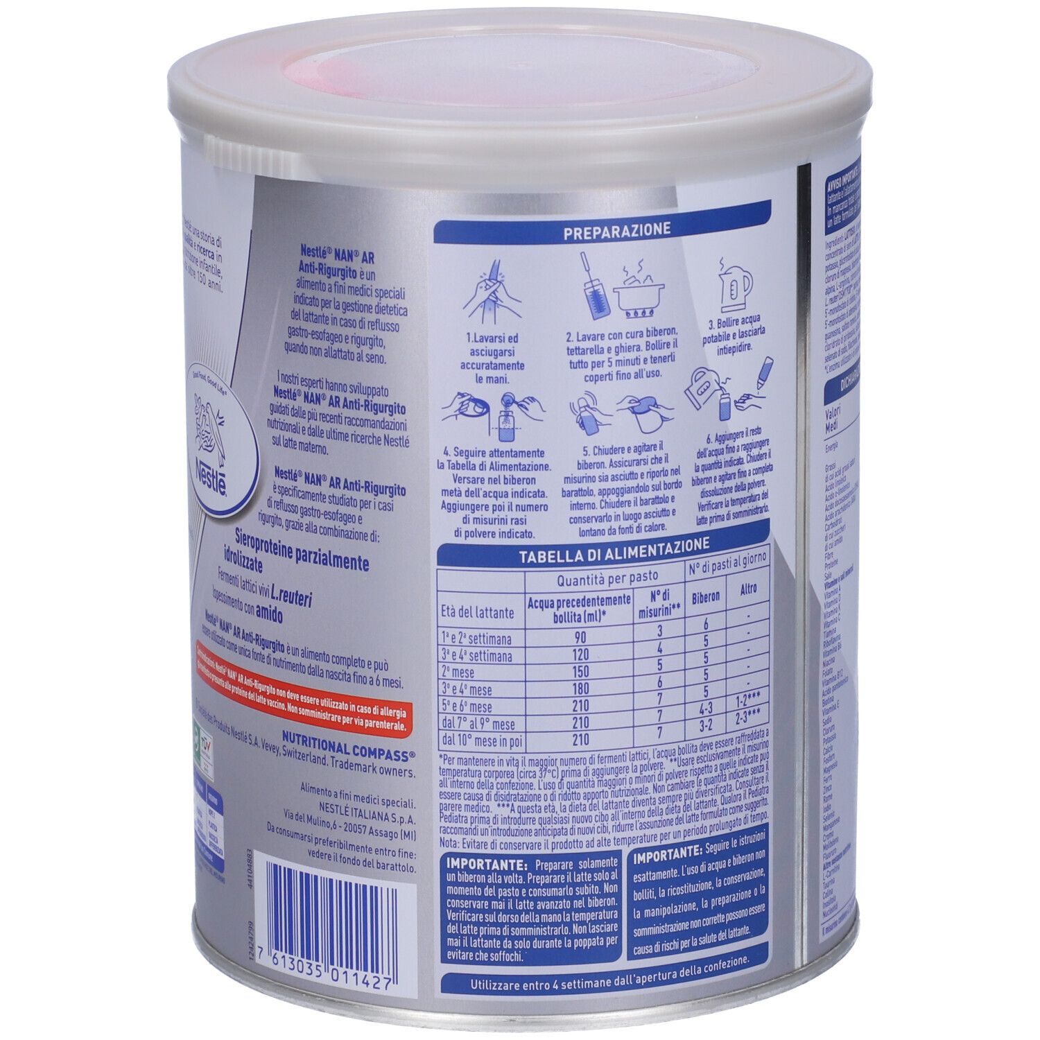 Retro della lattina Nestlé NAN Expert Pro AR, 800g. Istruzioni per la preparazione e tabella di alimentazione. Lattina con coperchio.