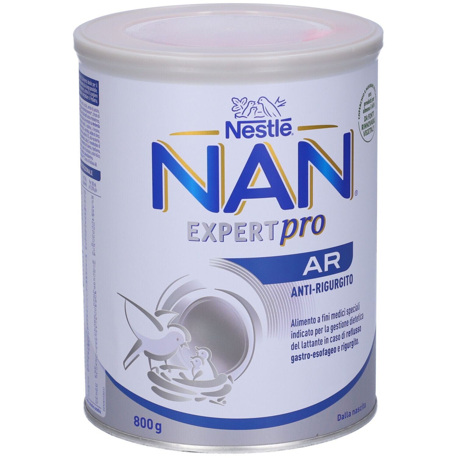 Lattina Nestlé NAN Expert Pro AR, 800g. Scritta NAN Expert Pro AR, anti-rigurgito. Logo Nestlé. Lattina con coperchio.