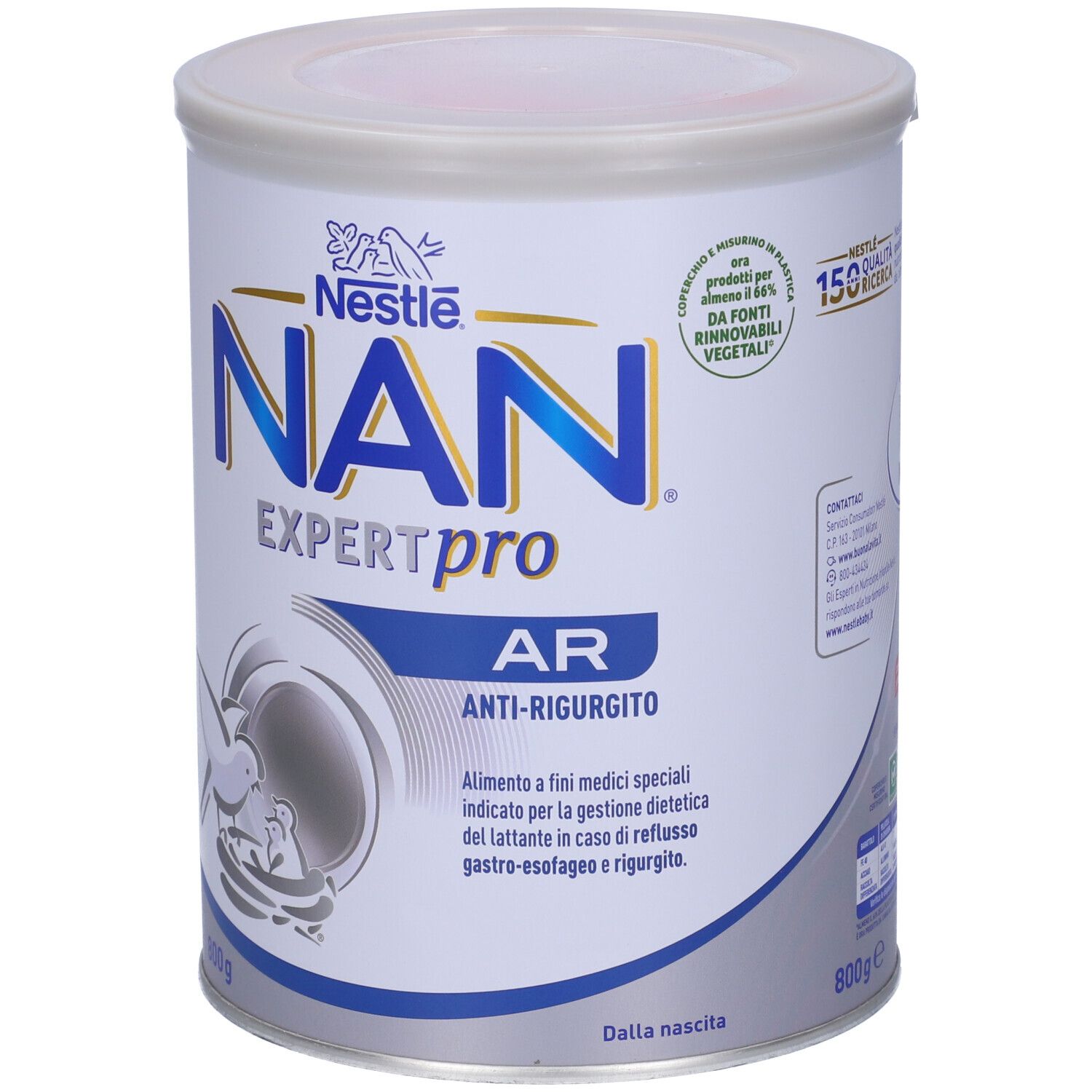 Lattina Nestlé NAN Expert Pro AR, 800g. Scritta NAN Expert Pro AR, anti-rigurgito. Logo Nestlé. Lattina con coperchio.