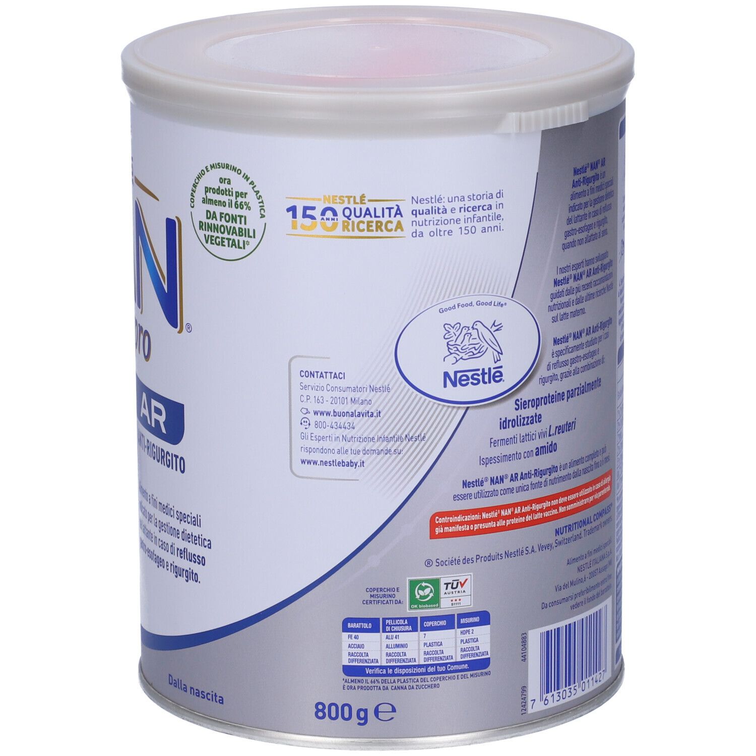 Retro della lattina Nestlé NAN Expert Pro AR, 800g. Testo, logo Nestlé, marchi di qualità. Lattina con coperchio.