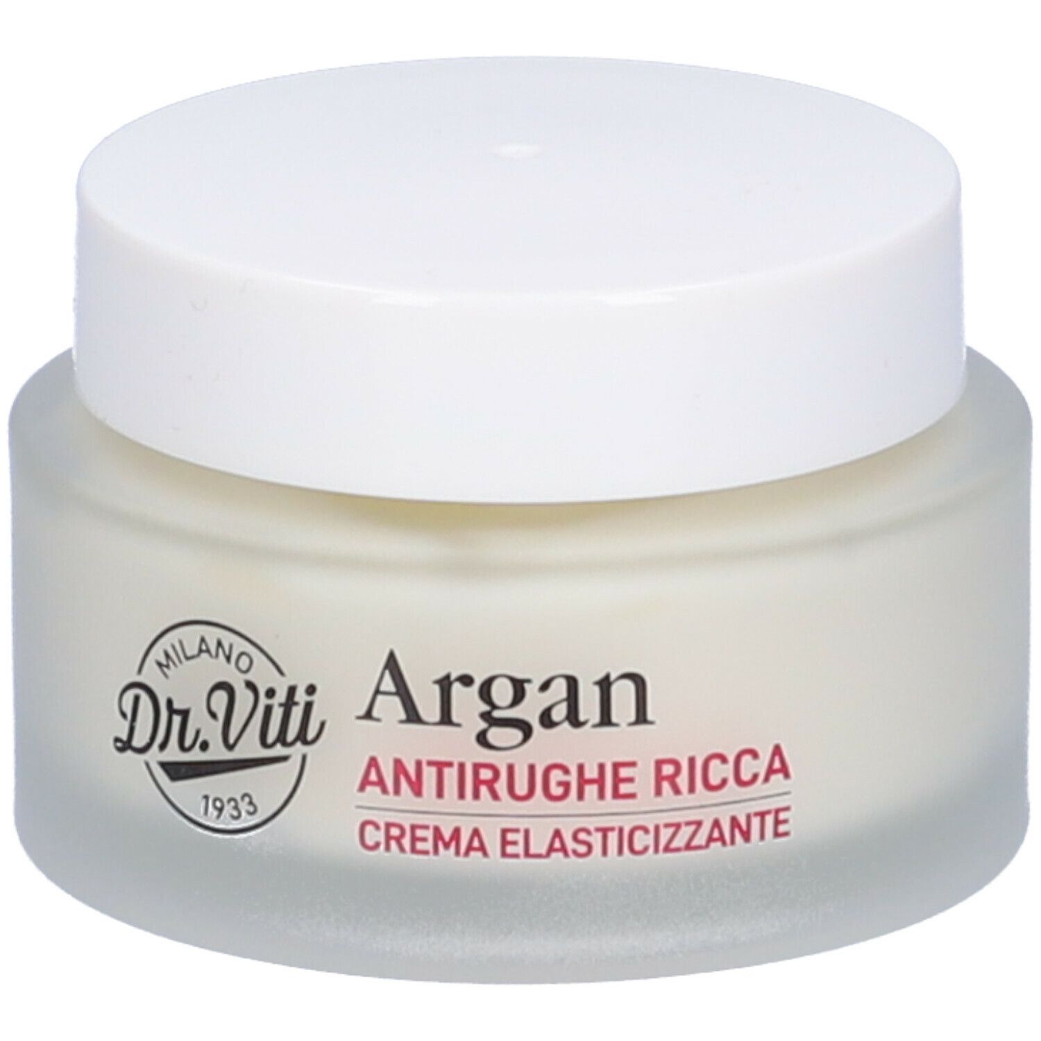 Vaso di crema con coperchio bianco. Scritta: Dr. Viti, Argan, Antirughe Ricca, Crema Elasticizzante.