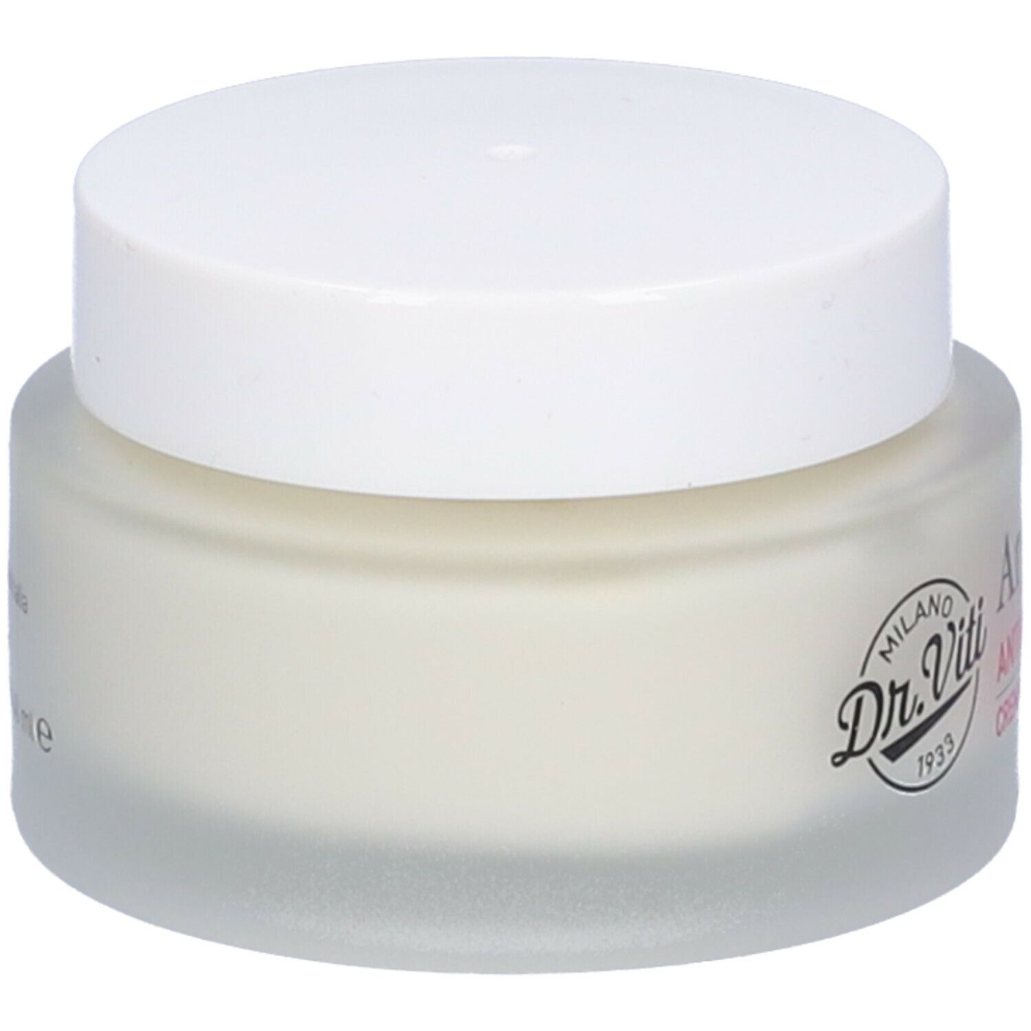 Vaso di crema con coperchio bianco. Scritta: Dr. Viti, Argan, Antirughe Ricca, Crema Elasticizzante.