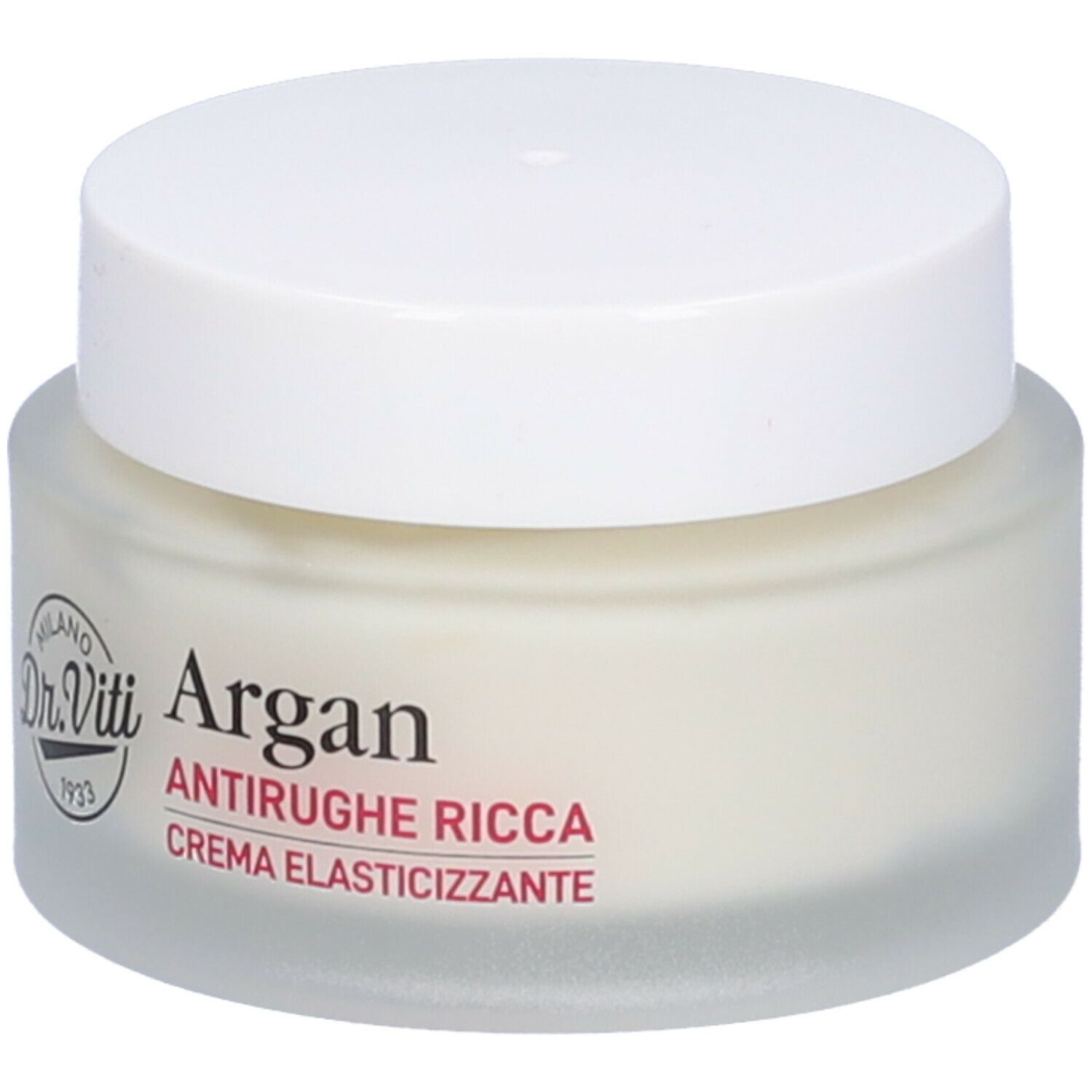 Vaso di crema con coperchio bianco. Scritta: Dr. Viti, Argan, Antirughe Ricca, Crema Elasticizzante.