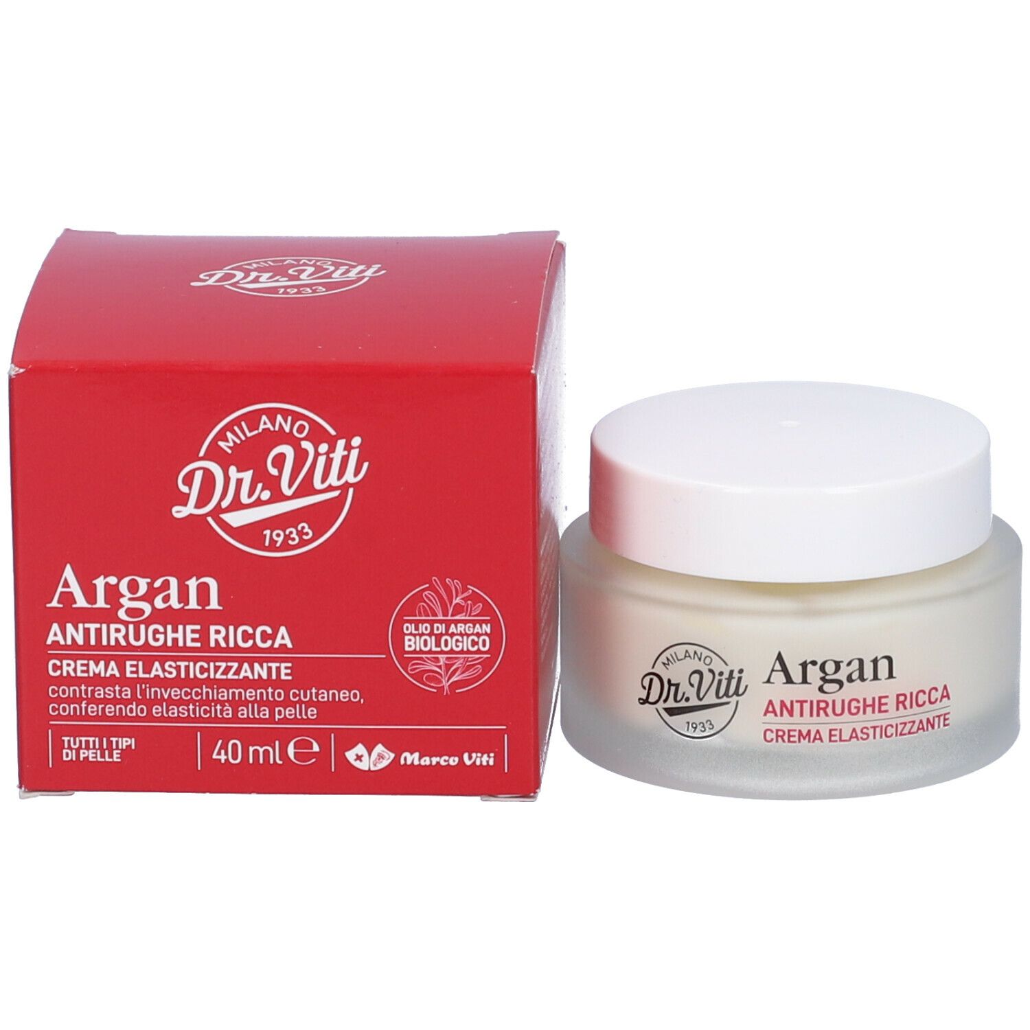 Vaso e scatola di crema. Scritta: Dr. Viti, Argan, Antirughe Ricca, Crema Elasticizzante. 40 ml.