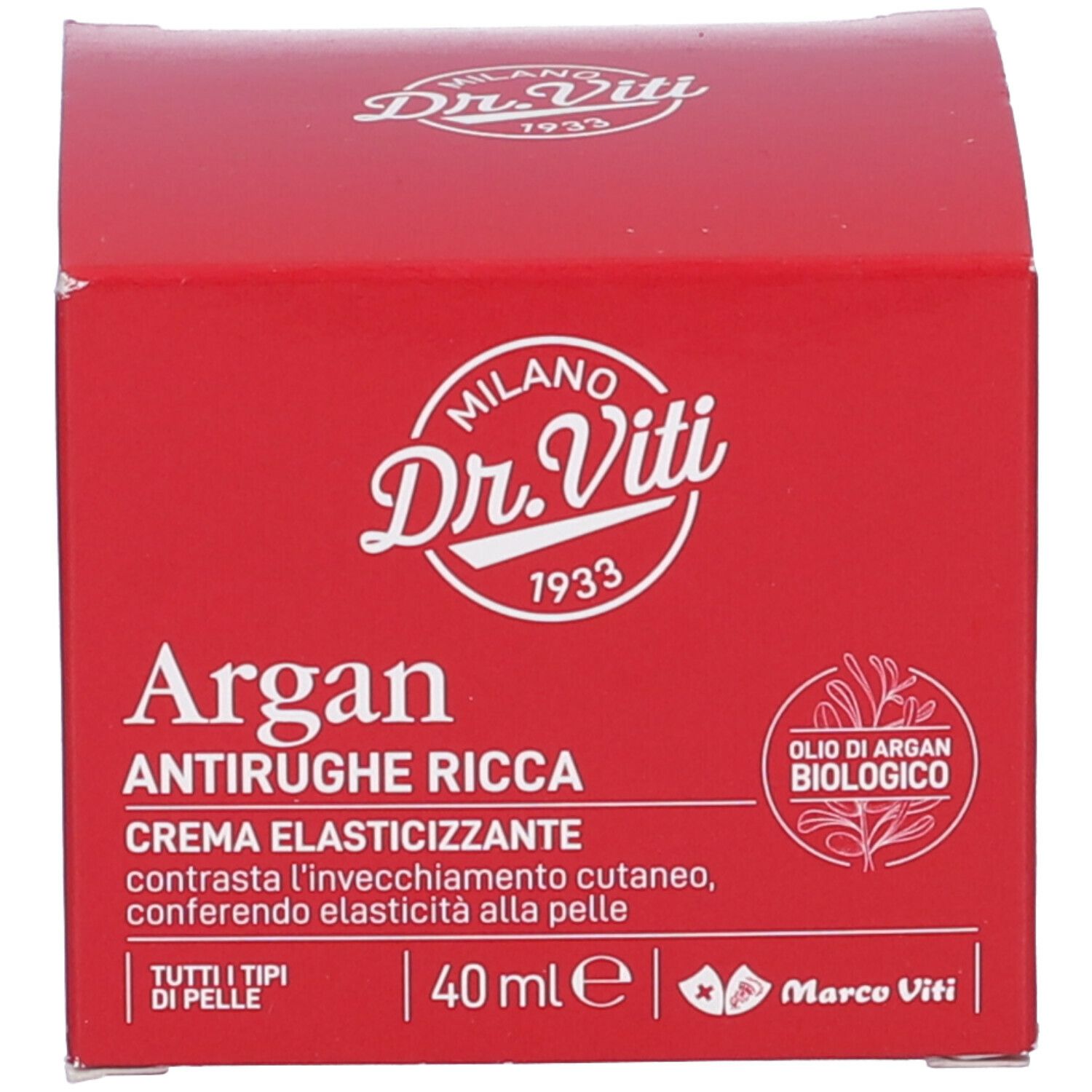 Scatola rossa. Scritta: Dr. Viti, Argan, Antirughe Ricca, Crema Elasticizzante. 40 ml.