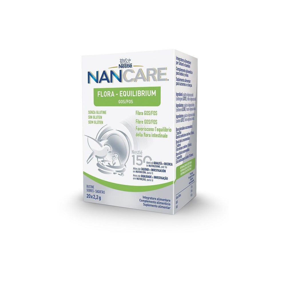 Scatola di prodotto. Scritta: NANCARE FLORA-EQUILIBRIUM. Contiene 150g. 20x2,2g bustine.