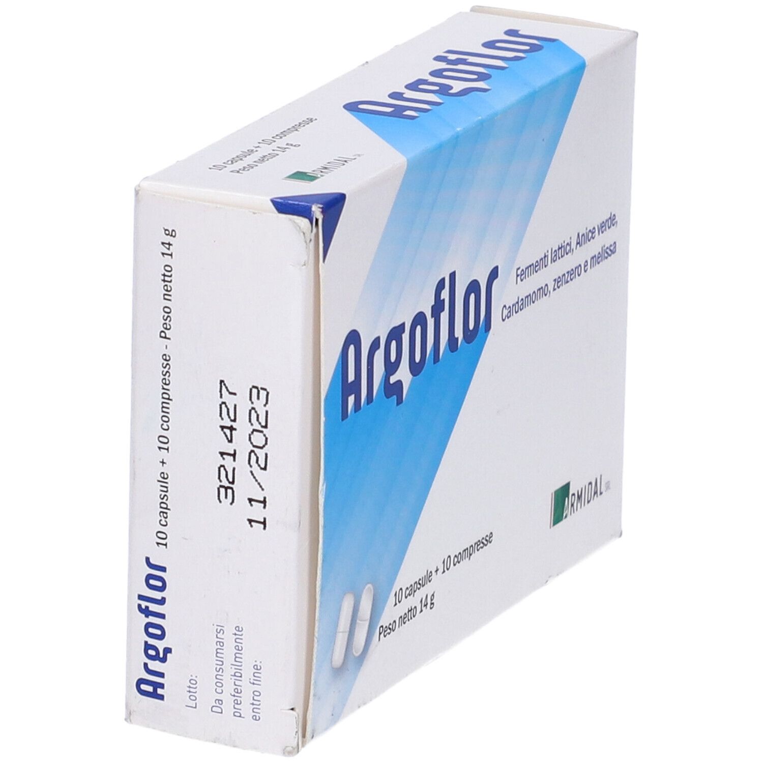 Scatola Argoflor in diagonale. Nome del prodotto, ingredienti e data di scadenza sulla confezione.