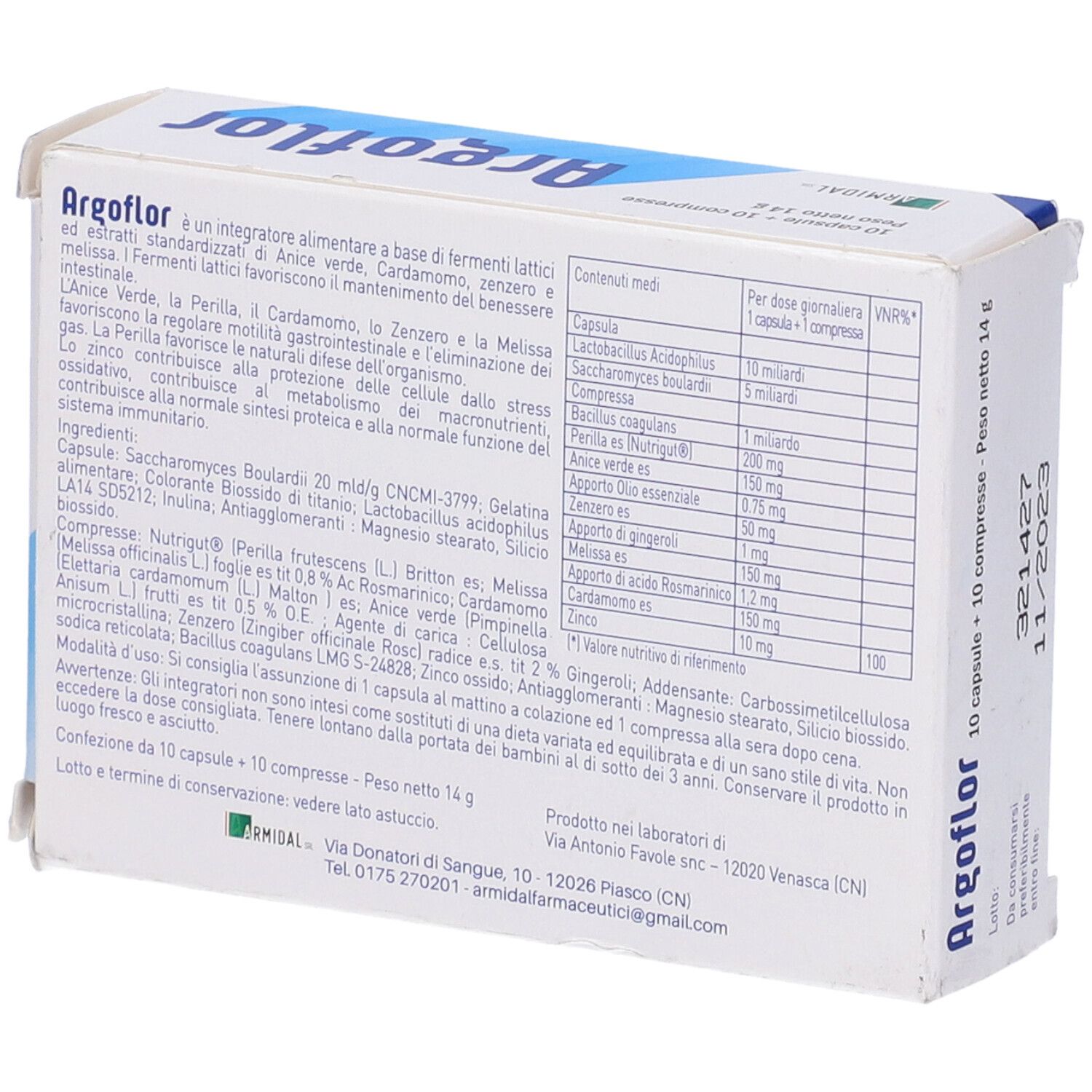 Retro della scatola Argoflor. Contiene informazioni su ingredienti, valori nutrizionali e produttore.