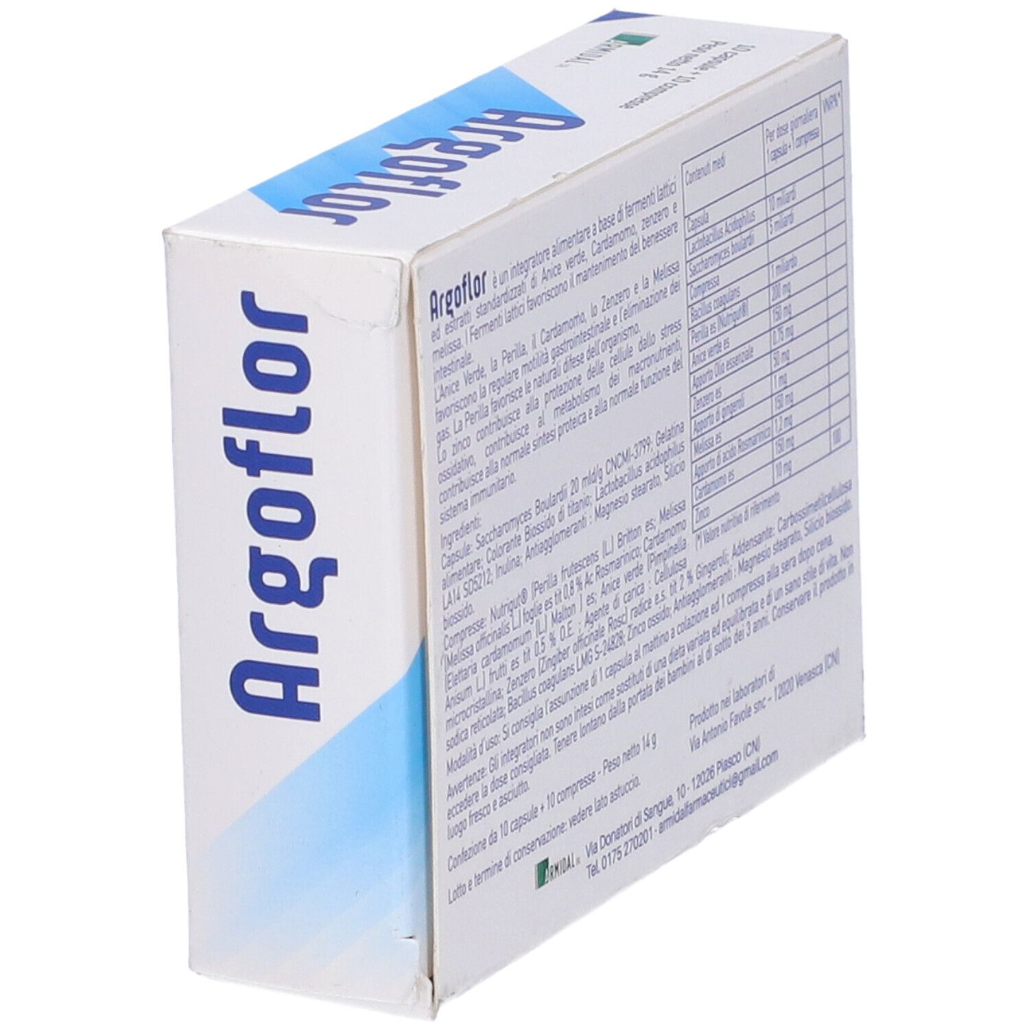 Vista obliqua della scatola Argoflor. Retro con ingredienti e informazioni nutrizionali.