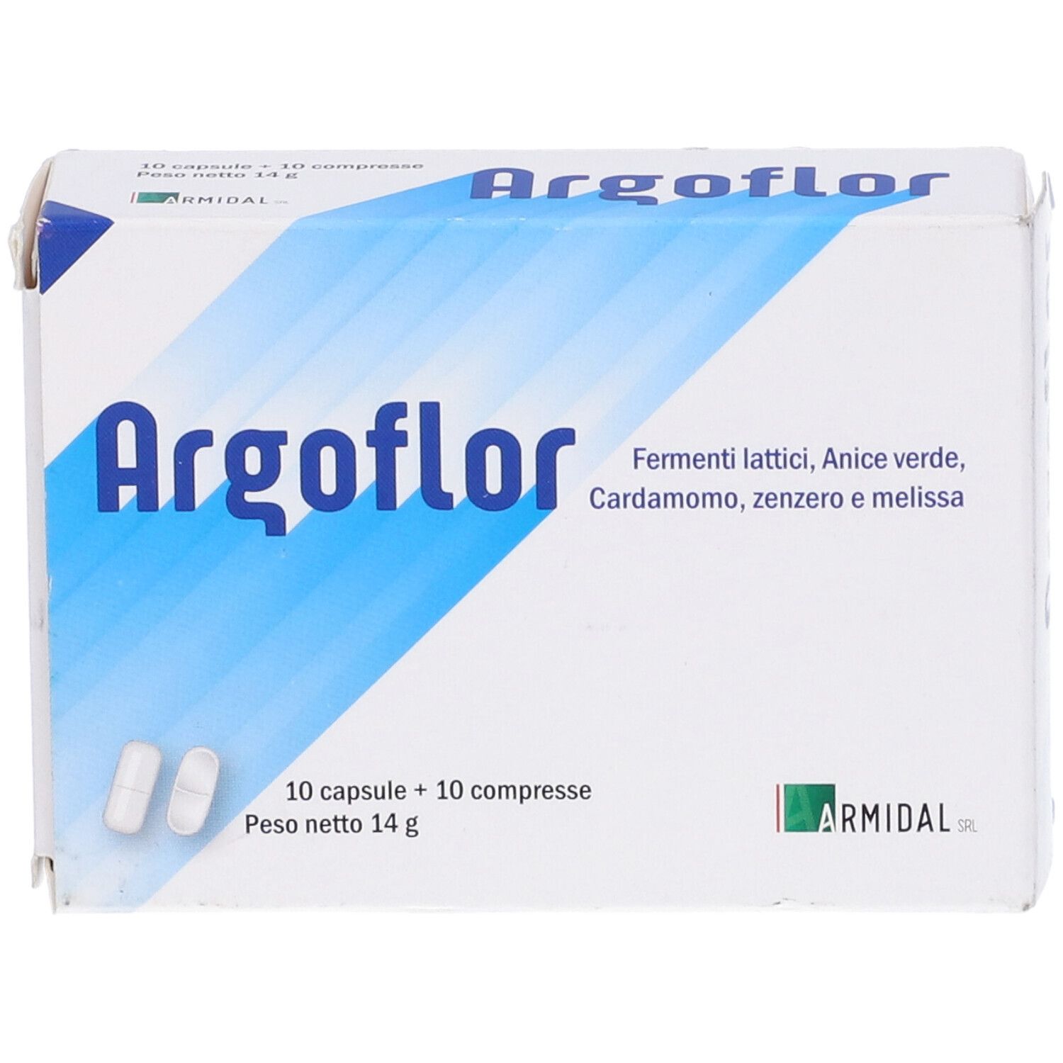 Scatola Argoflor con capsule e compresse. Confezione blu e bianca, nome del prodotto e ingredienti.