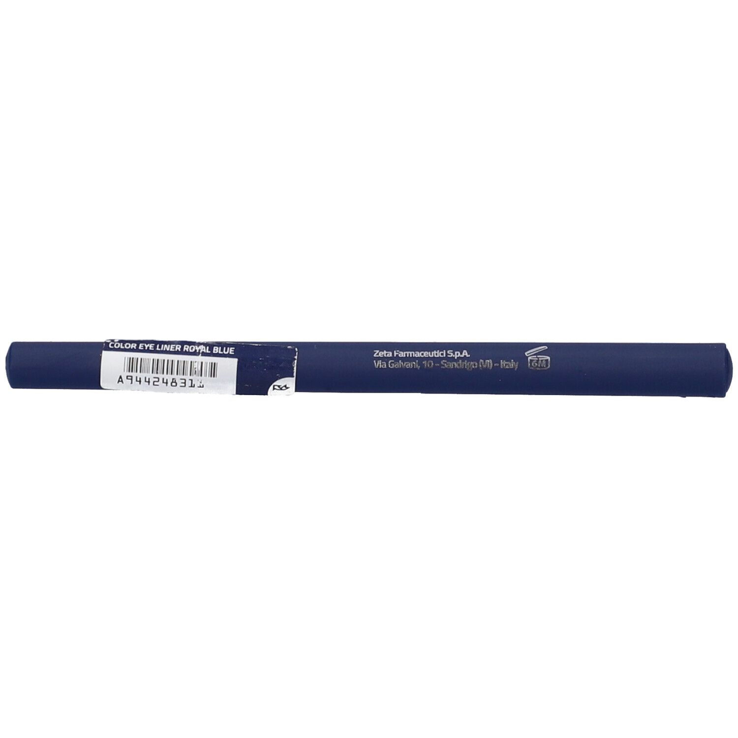 Eyeliner blu. Scritta 'color eye liner ROYAL BLUE'. Testo e codice a barre.