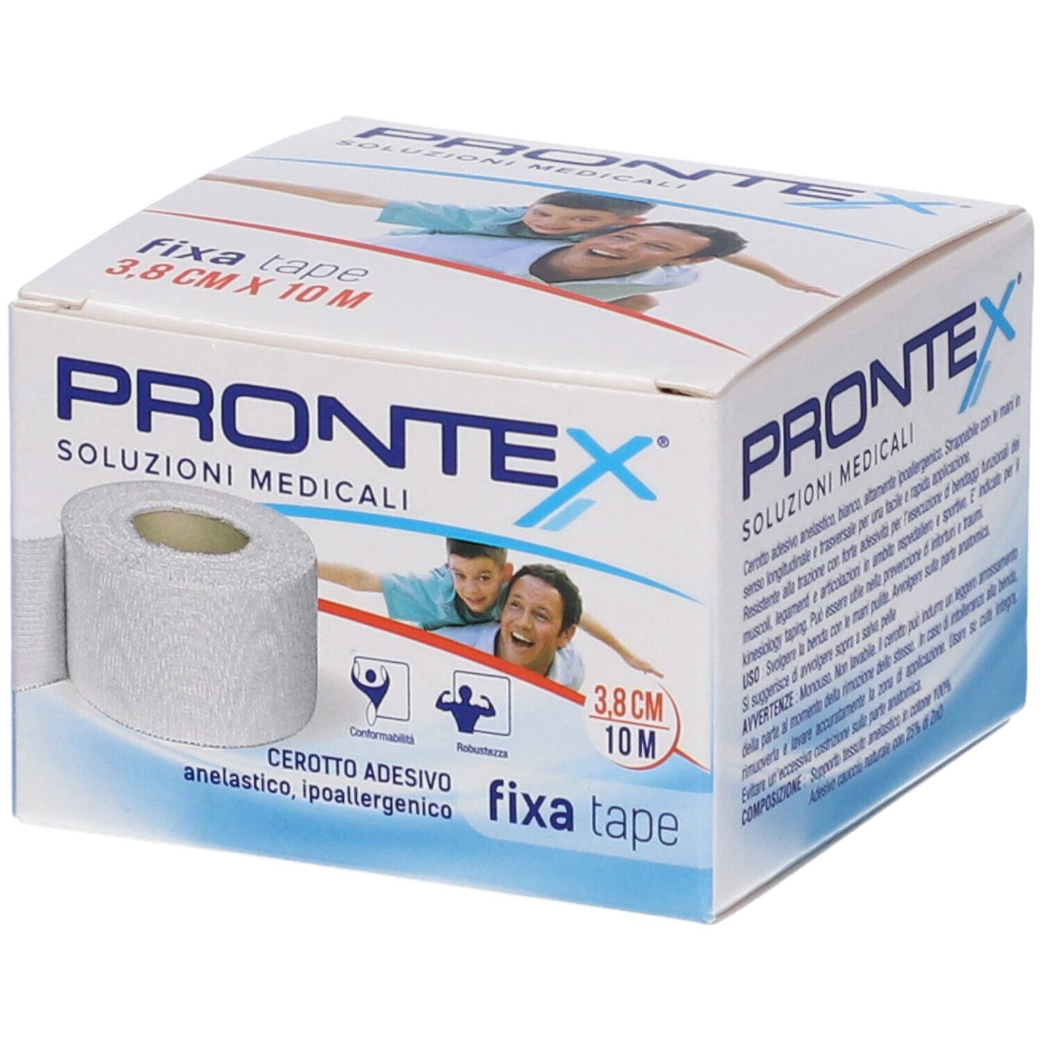 Rotolo di Fixa Tape in confezione. Scritta: Prontex, 3,8 cm x 10 m. Soluzioni mediche. Anelastico, ipoallergenico.