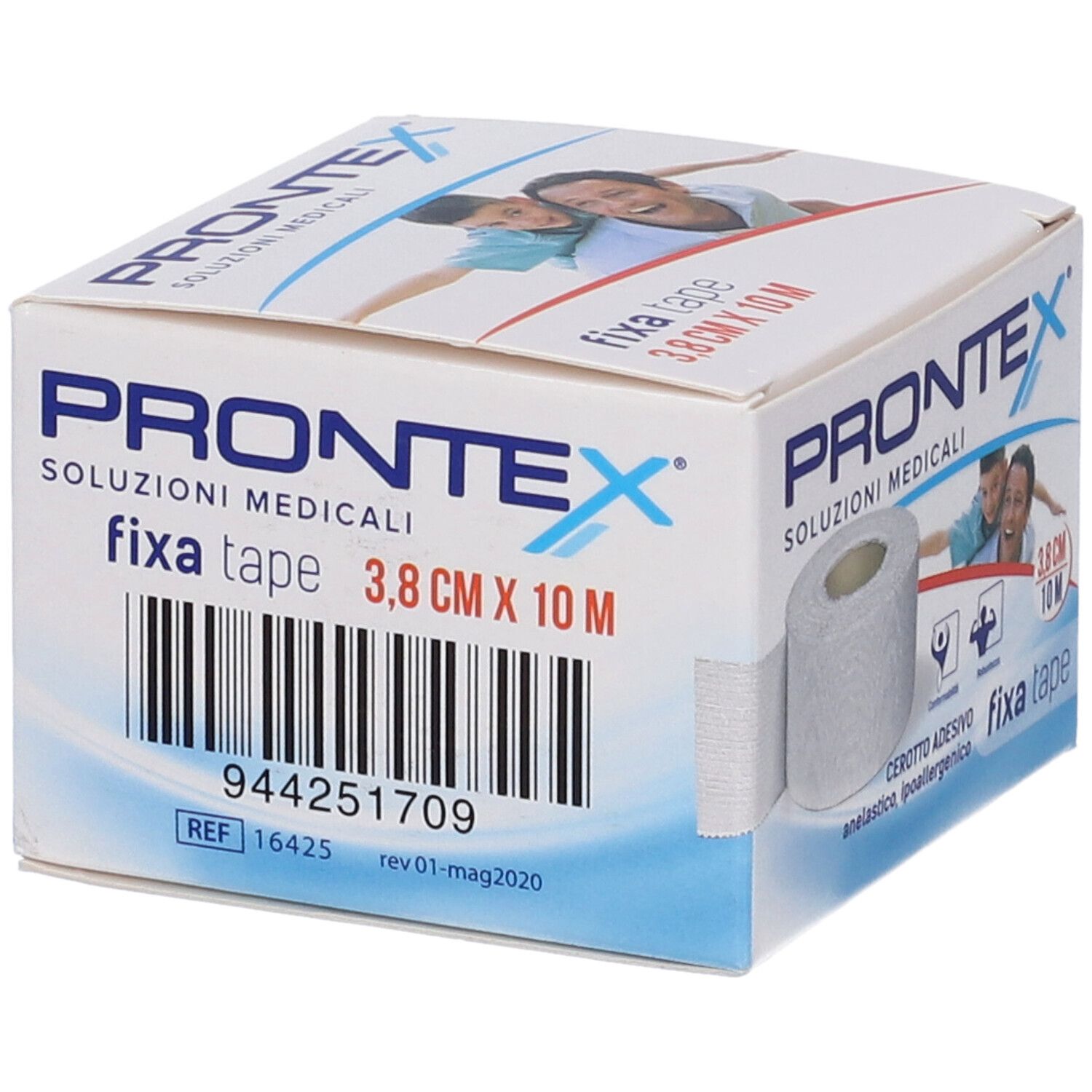 Rotolo di Fixa Tape in confezione. Scritta: Prontex, 3,8 cm x 10 m. Codice a barre e numero di riferimento.