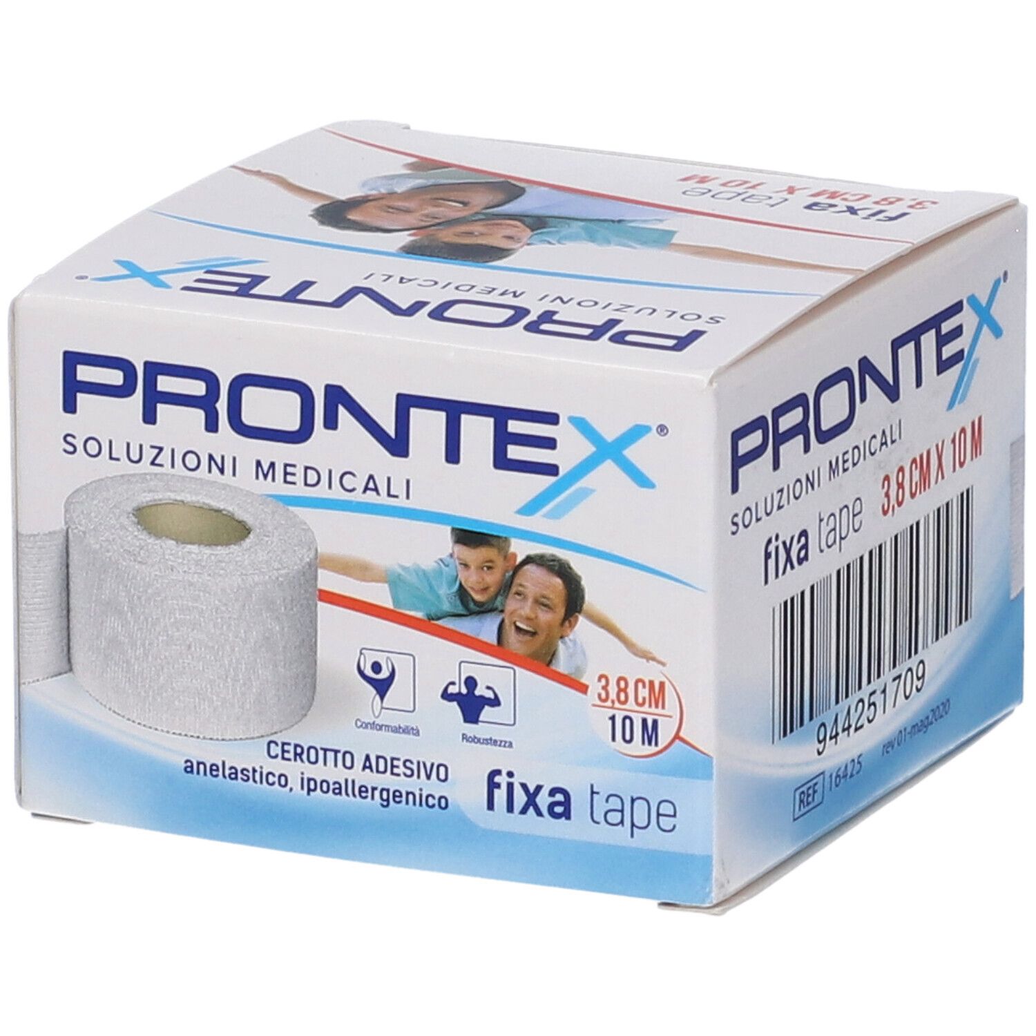 Rotolo di Fixa Tape in confezione. Scritta: Prontex, 3,8 cm x 10 m. Soluzioni mediche. Anelastico, ipoallergenico.
