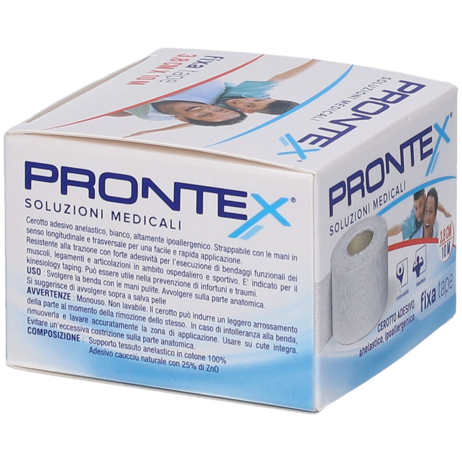 Rotolo di Fixa Tape in confezione. Scritta: Prontex, 3,8 cm x 10 m. Soluzioni mediche. Testo sulla confezione.