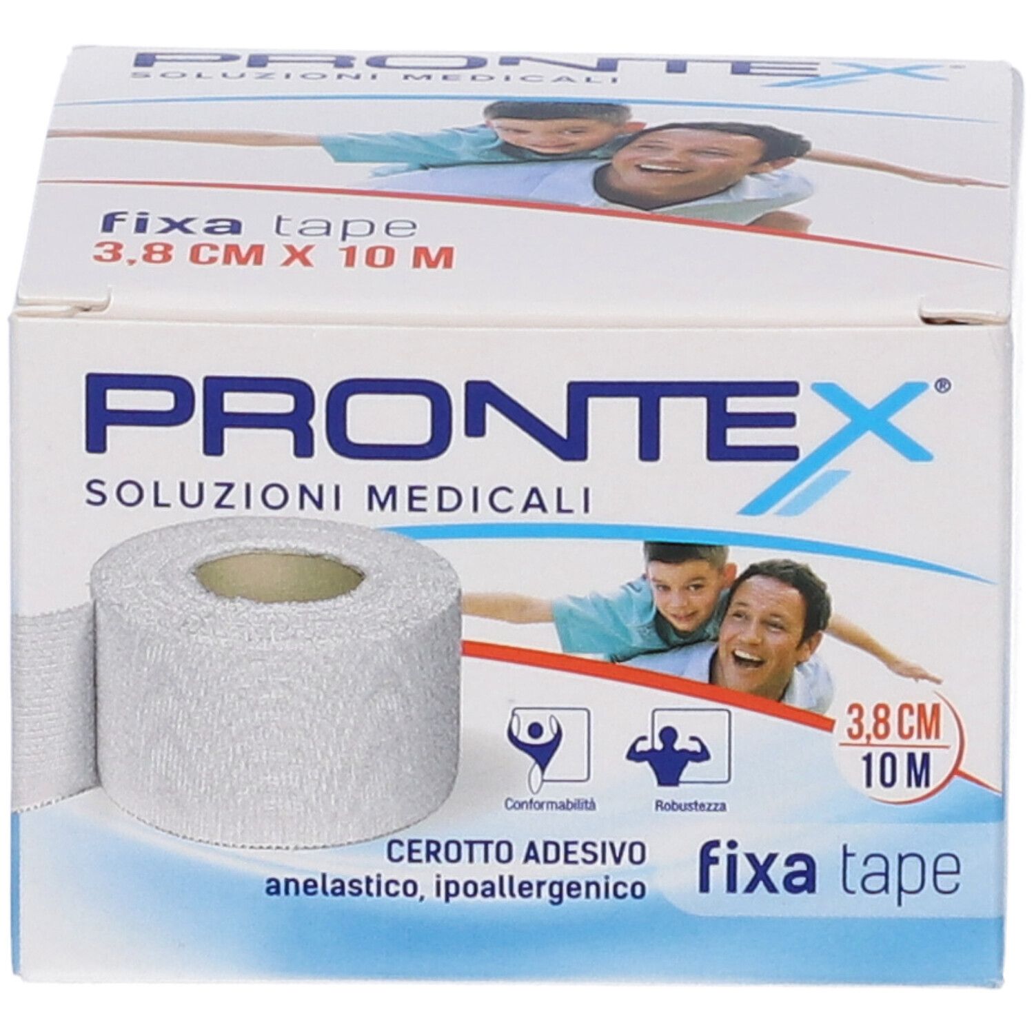 Rotolo di Fixa Tape in confezione. Scritta: Prontex, 3,8 cm x 10 m. Soluzioni mediche. Anelastico, ipoallergenico.