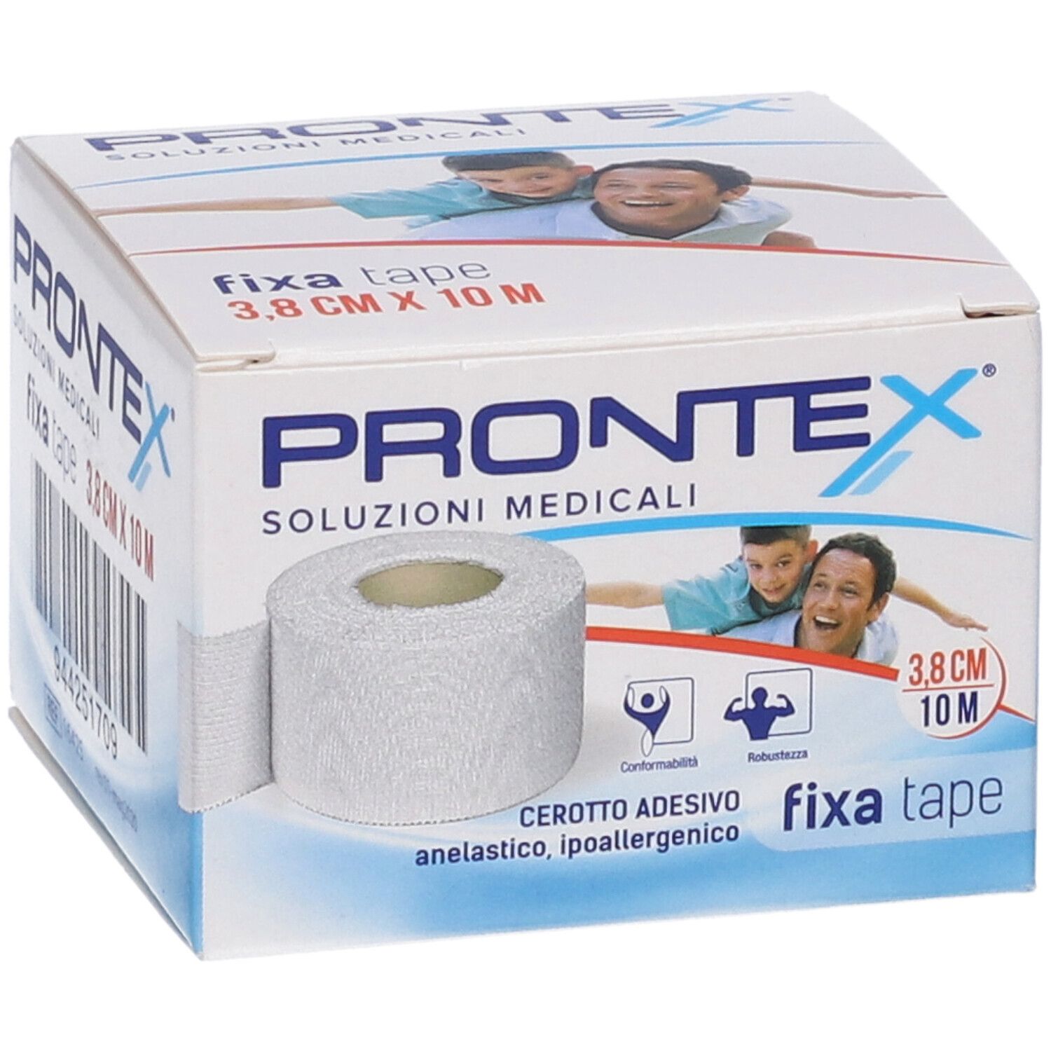 Rotolo di Fixa Tape in confezione. Scritta: Prontex, 3,8 cm x 10 m. Soluzioni mediche. Anelastico, ipoallergenico.