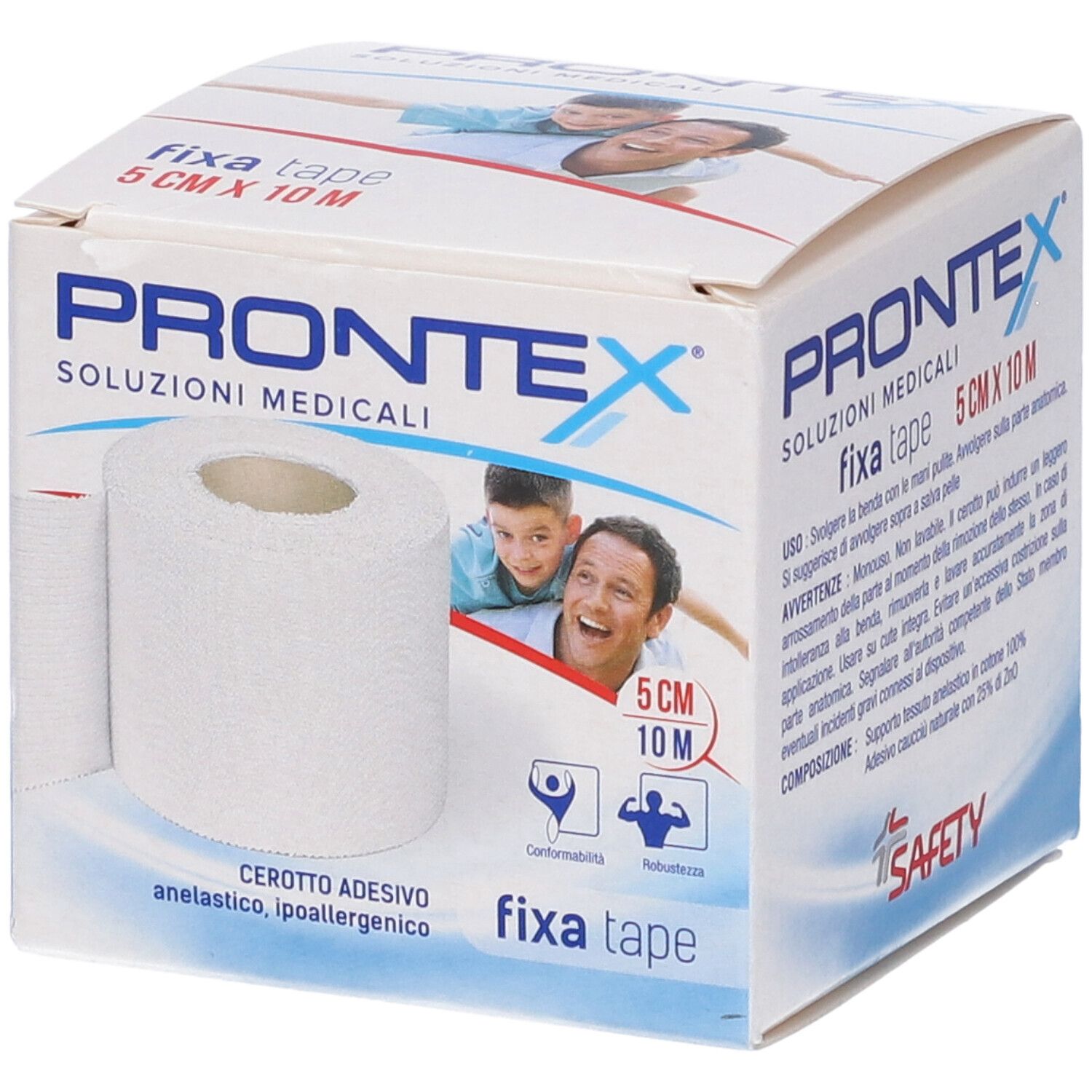 Confezione con nastro bianco. Scritta: PRONTEX, fixa tape, 5 cm x 10 m. Vista del rotolo e della confezione.