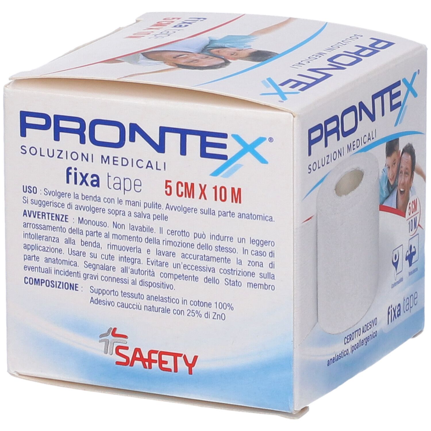 Confezione con nastro bianco. Scritta: PRONTEX, fixa tape, 5 cm x 10 m. Vista del rotolo e della confezione.