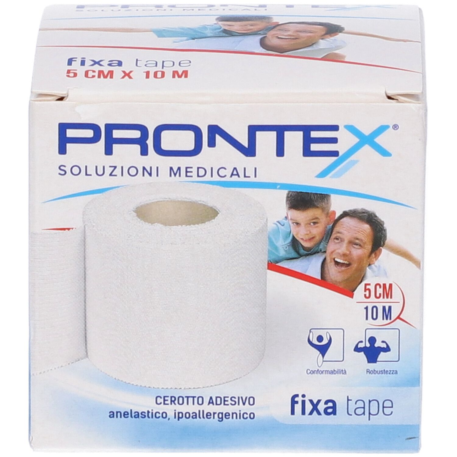 Confezione con nastro bianco. Scritta: PRONTEX, fixa tape, 5 cm x 10 m. Vista del rotolo e della confezione.