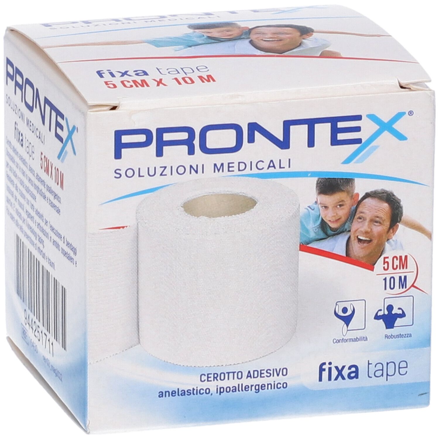 Confezione con nastro bianco. Scritta: PRONTEX, fixa tape, 5 cm x 10 m. Vista del rotolo e della confezione.