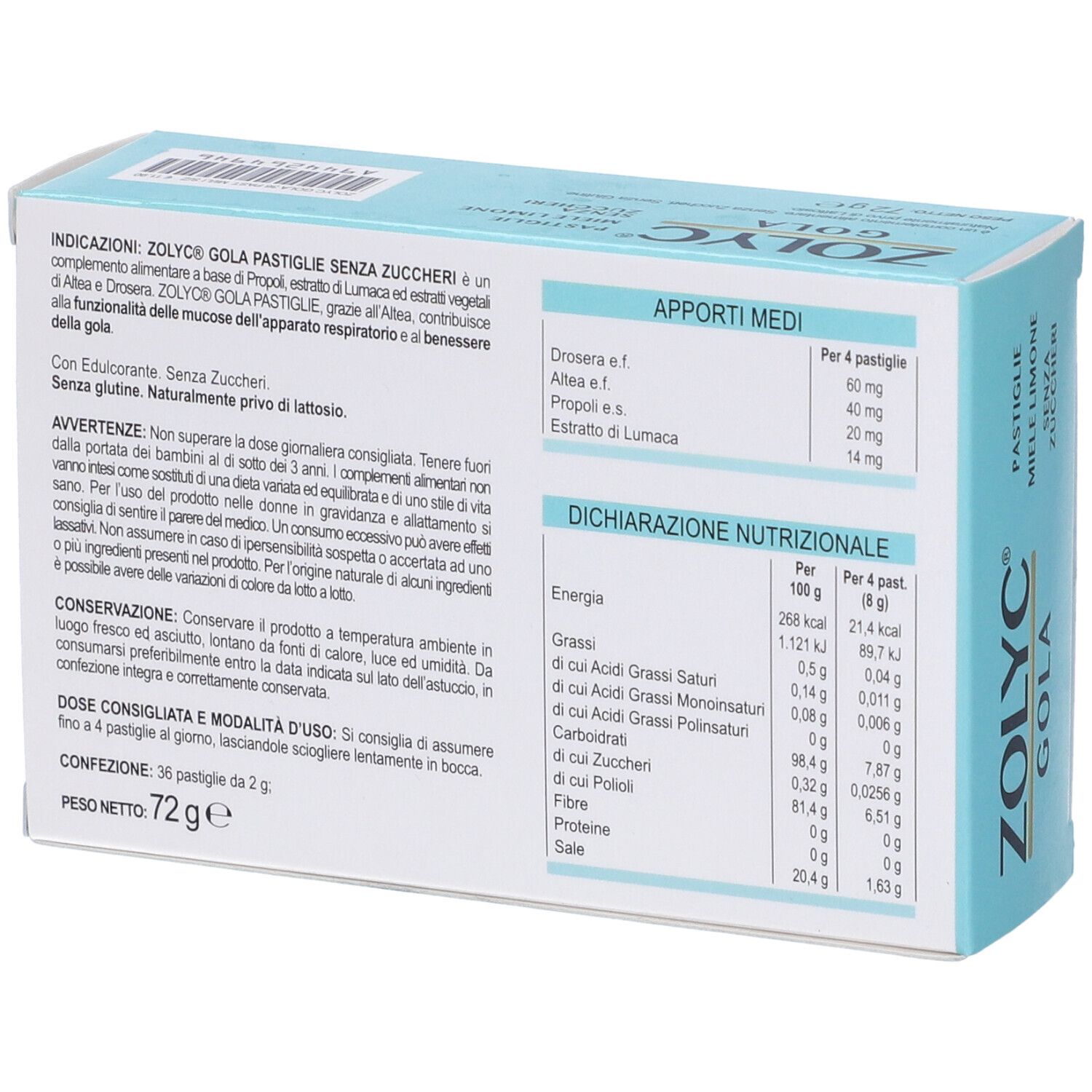 Zolyc Gola Miele/Limone Senza Zuccheri 36 Pastiglie
