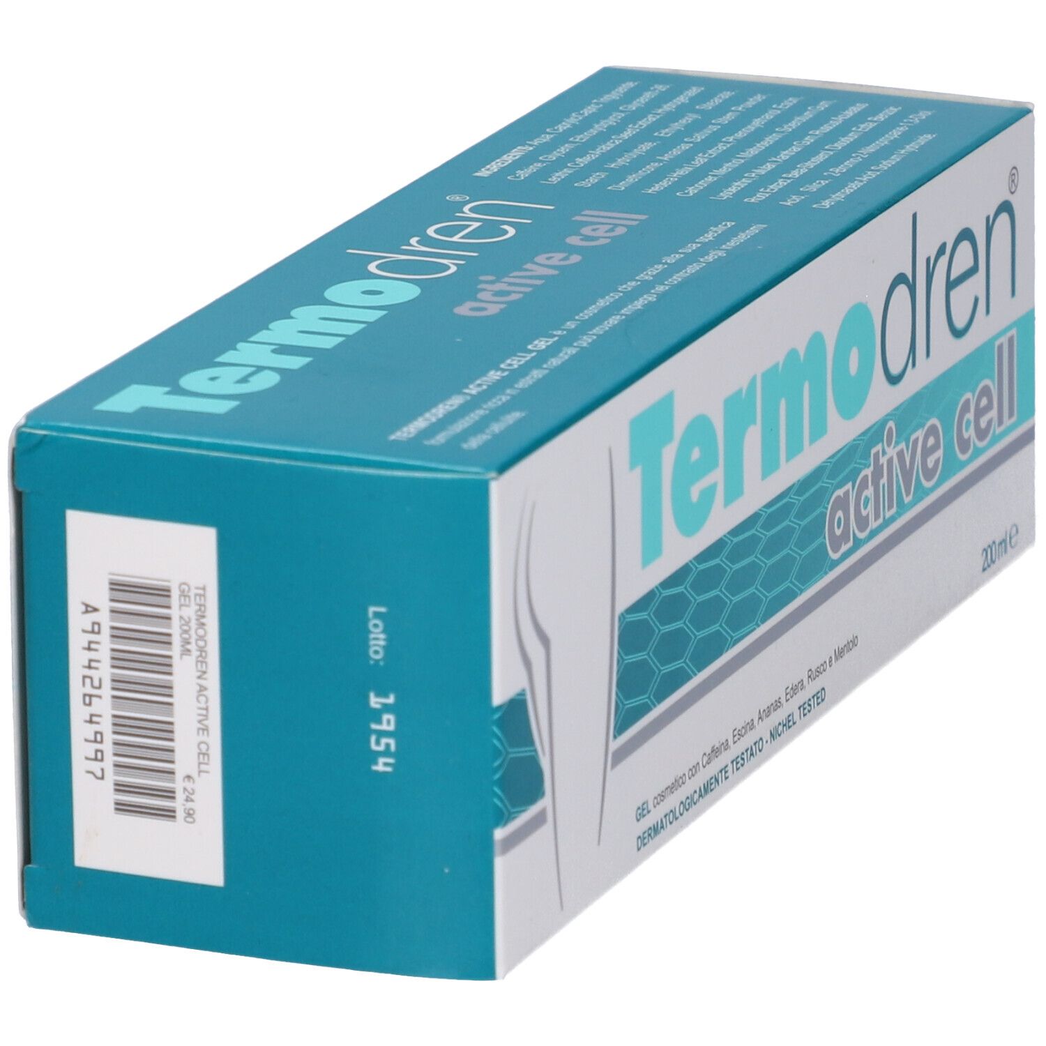 Scatola Termodren active cell, vista laterale. Confezione blu con nome del prodotto, codice a barre e informazioni.