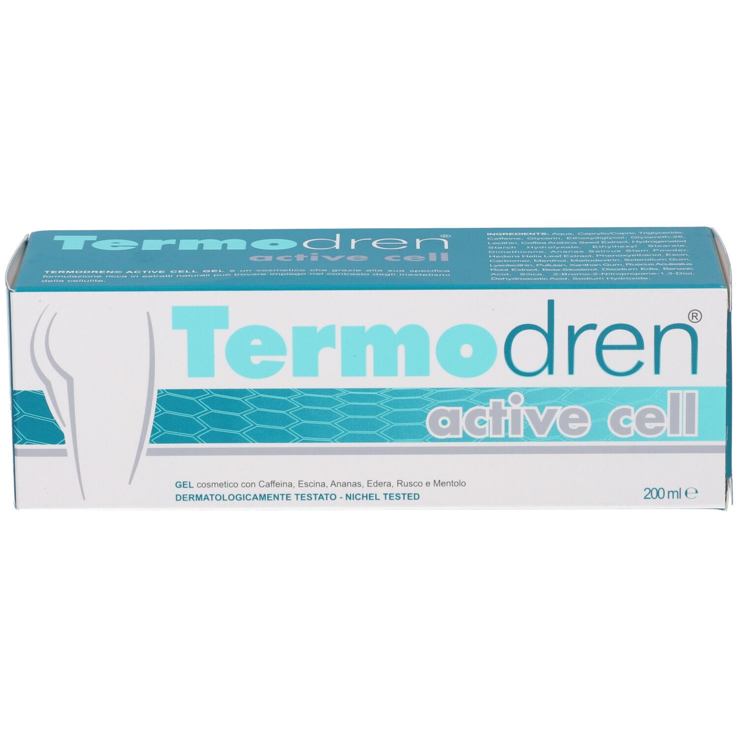 Confezione di Termodren Active Cell Gel, 200ml, con silhouette.