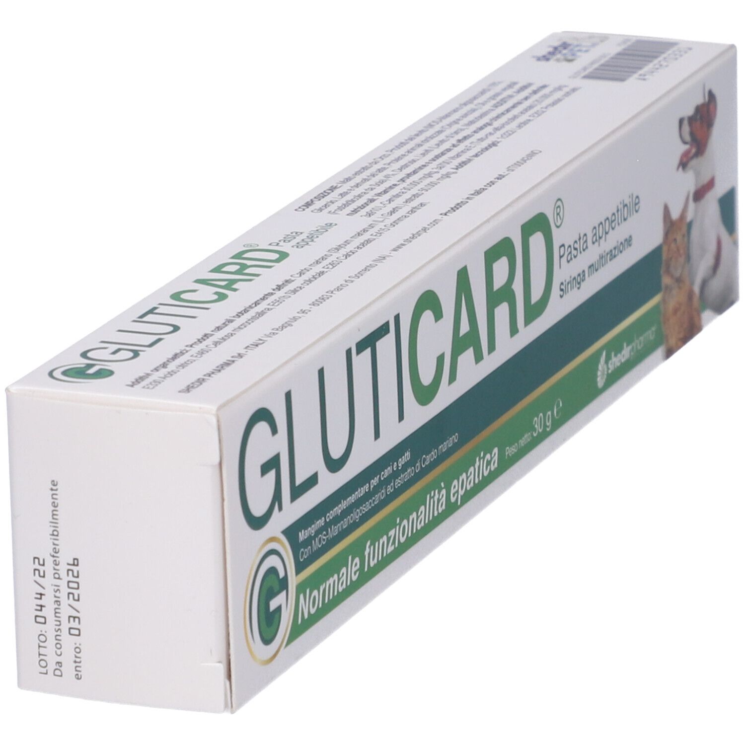 Scatola Gluticard. Scritta: Normale funzionalità epatica. Immagine cane e gatto. Contenuto 30 g.