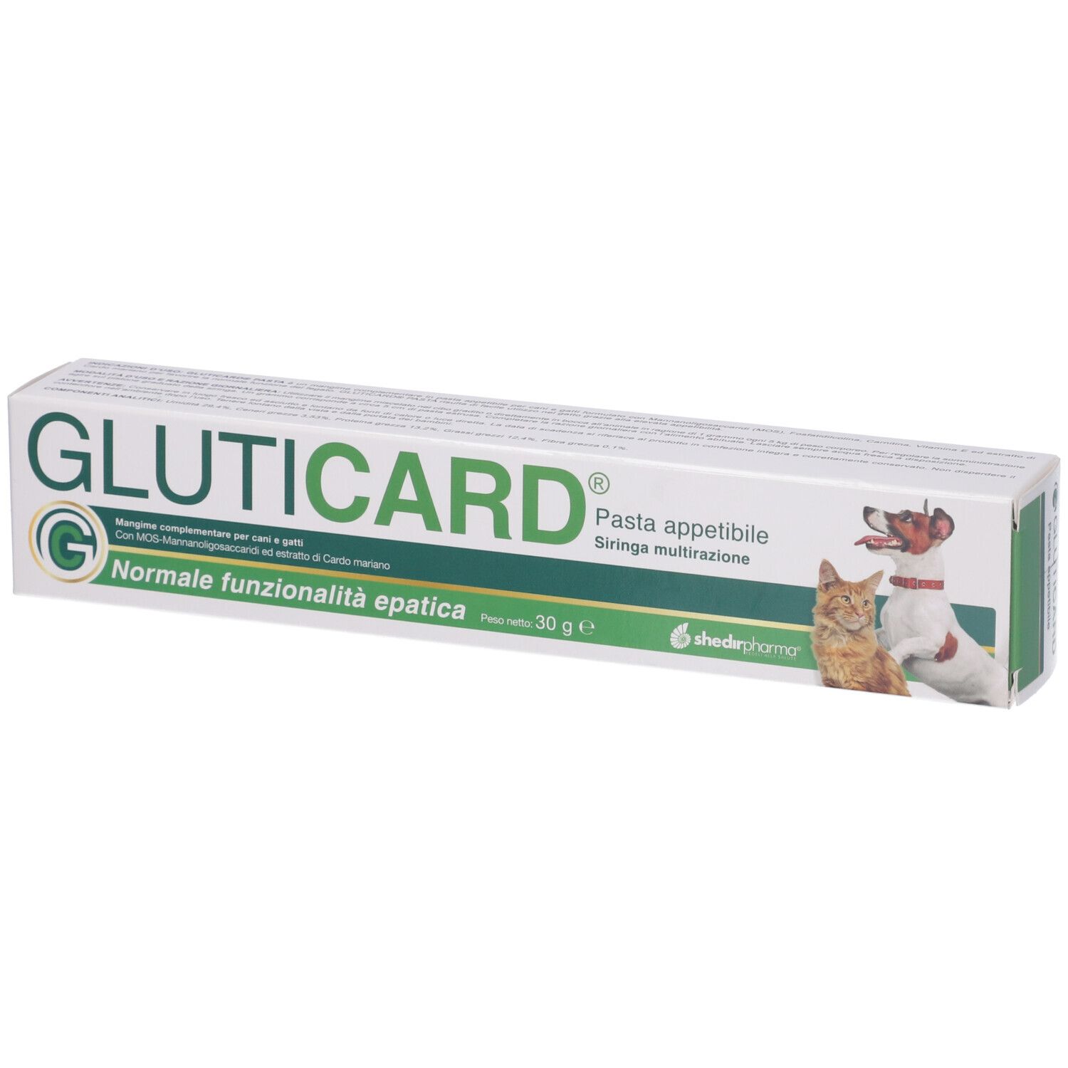 Tubo Gluticard. Scritta: Normale funzionalità epatica. Immagine cane e gatto. Contenuto 30 g.