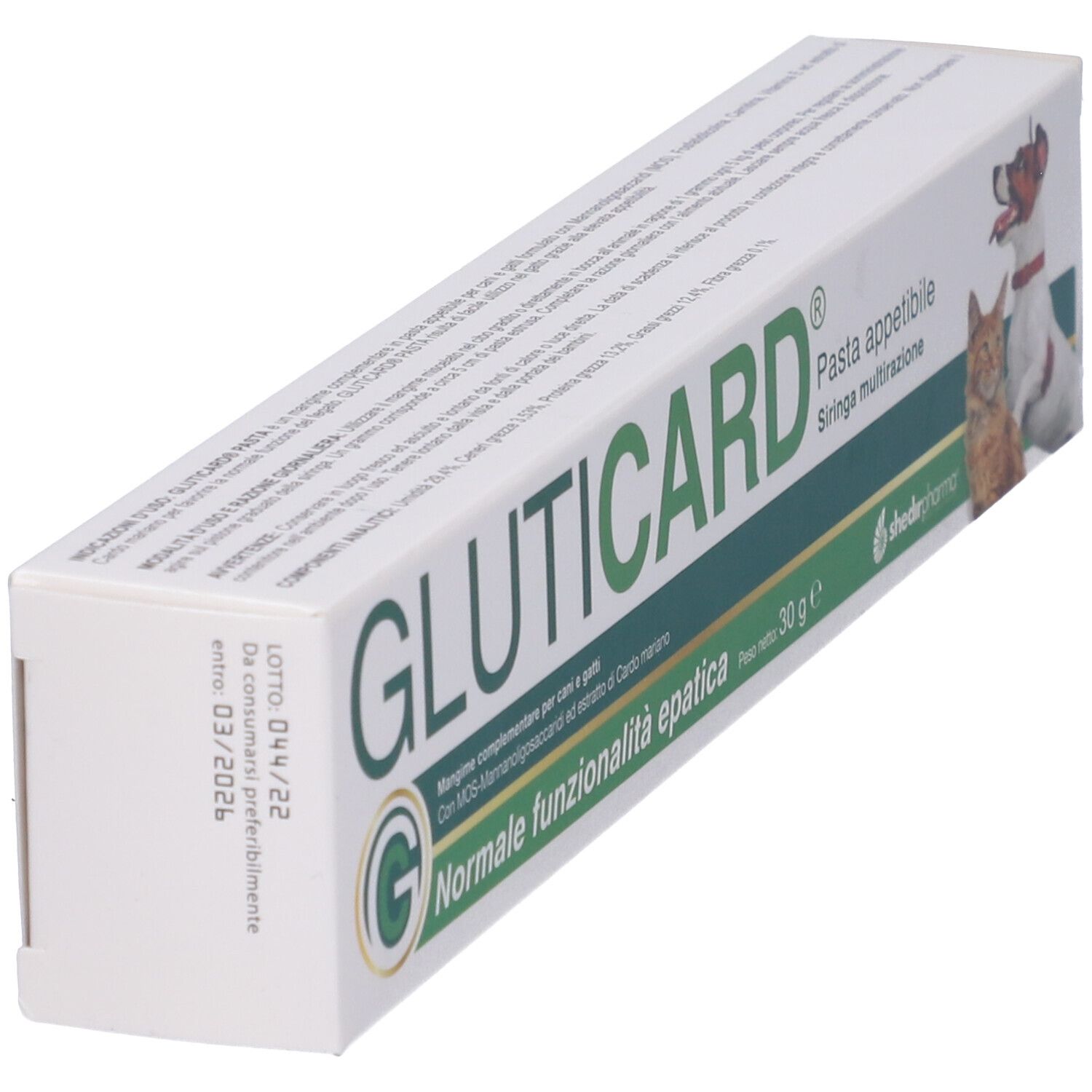 Scatola Gluticard. Scritta: Normale funzionalità epatica. Immagine cane e gatto. Contenuto 30 g.