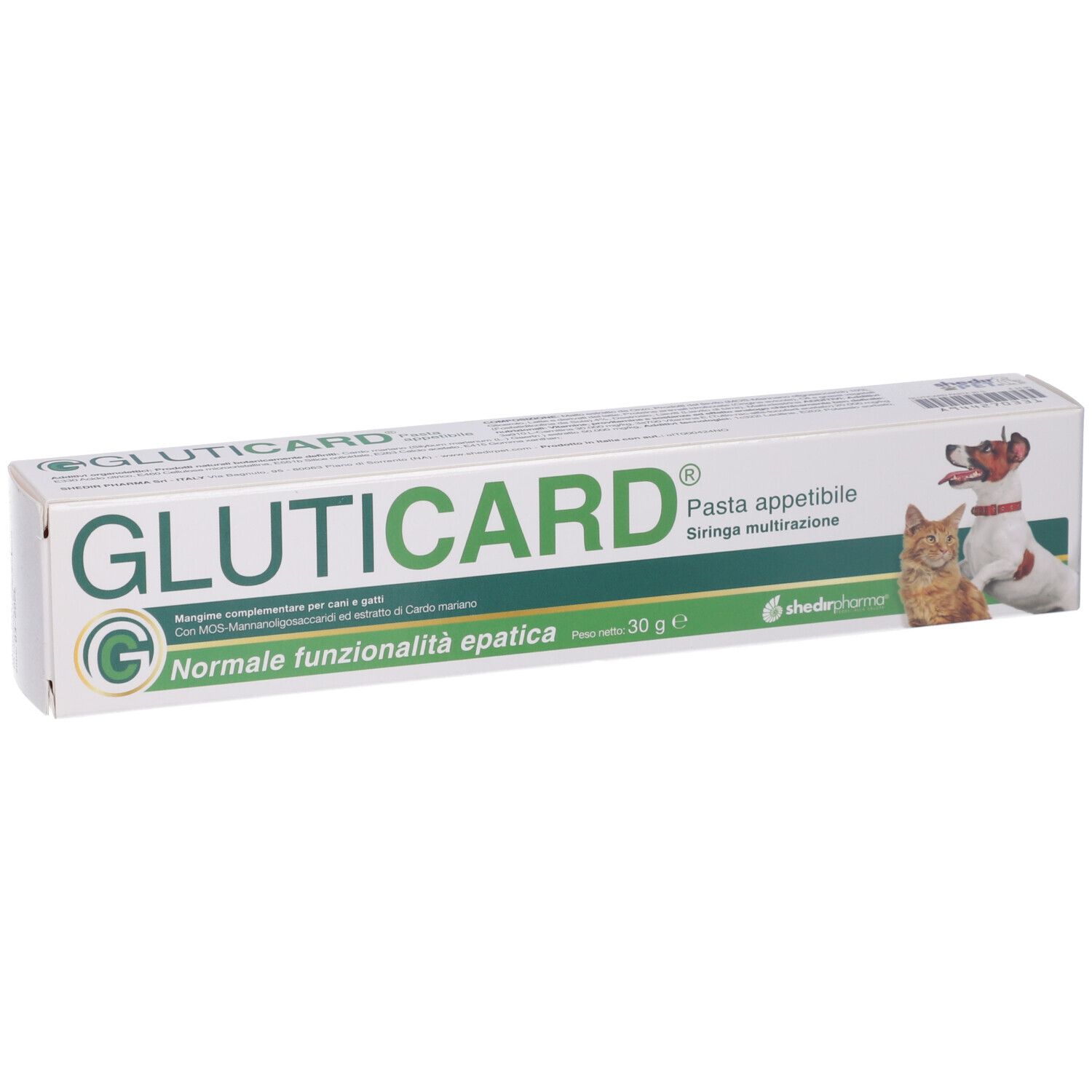 Scatola Gluticard. Scritta: Normale funzionalità epatica. Immagine cane e gatto. Contenuto 30 g.