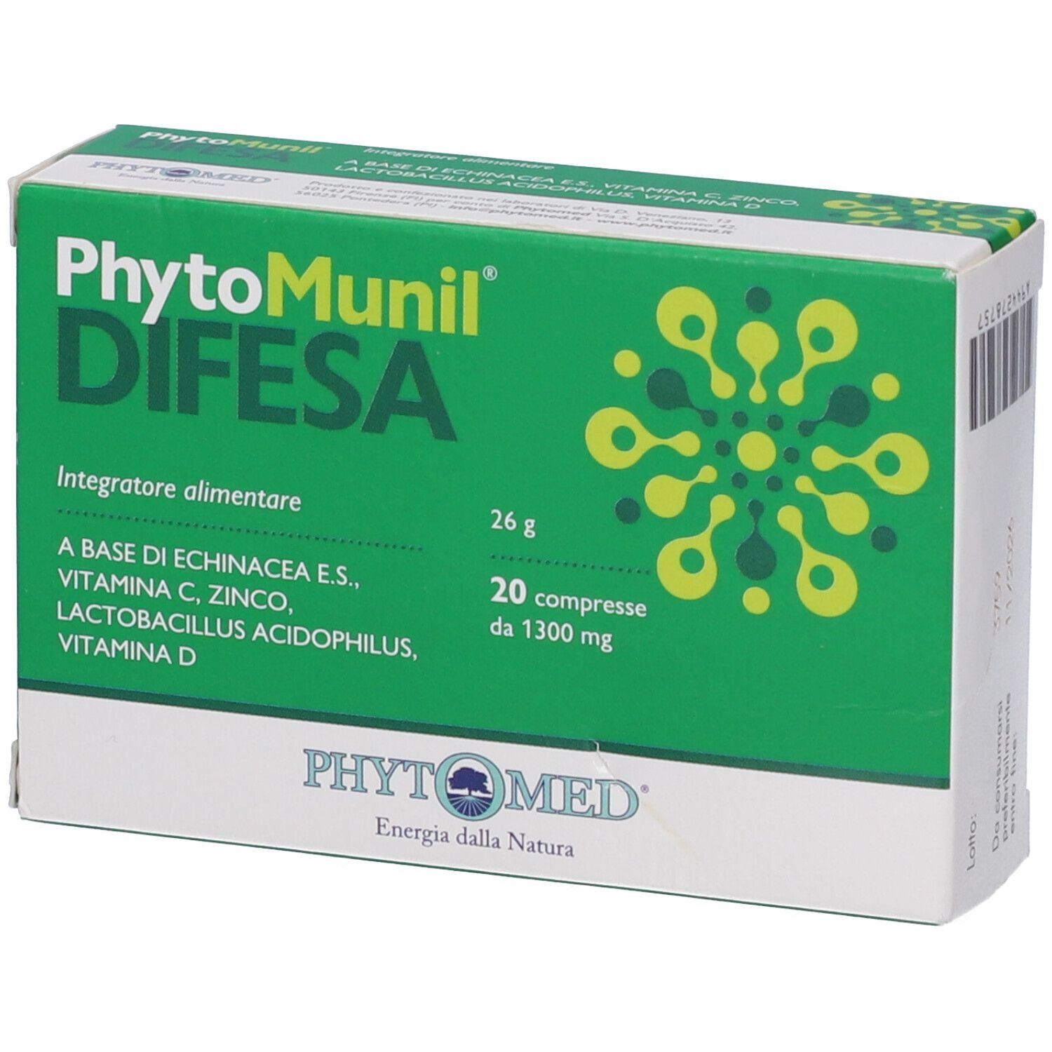 Scatola verde con "PhytoMunil Difesa". Contiene 20 compresse.