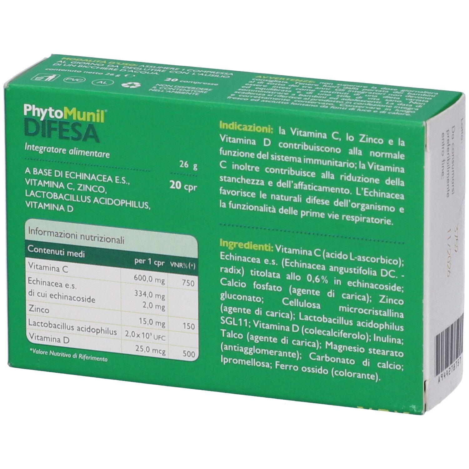 Retro della scatola "PhytoMunil Difesa" con informazioni nutrizionali.