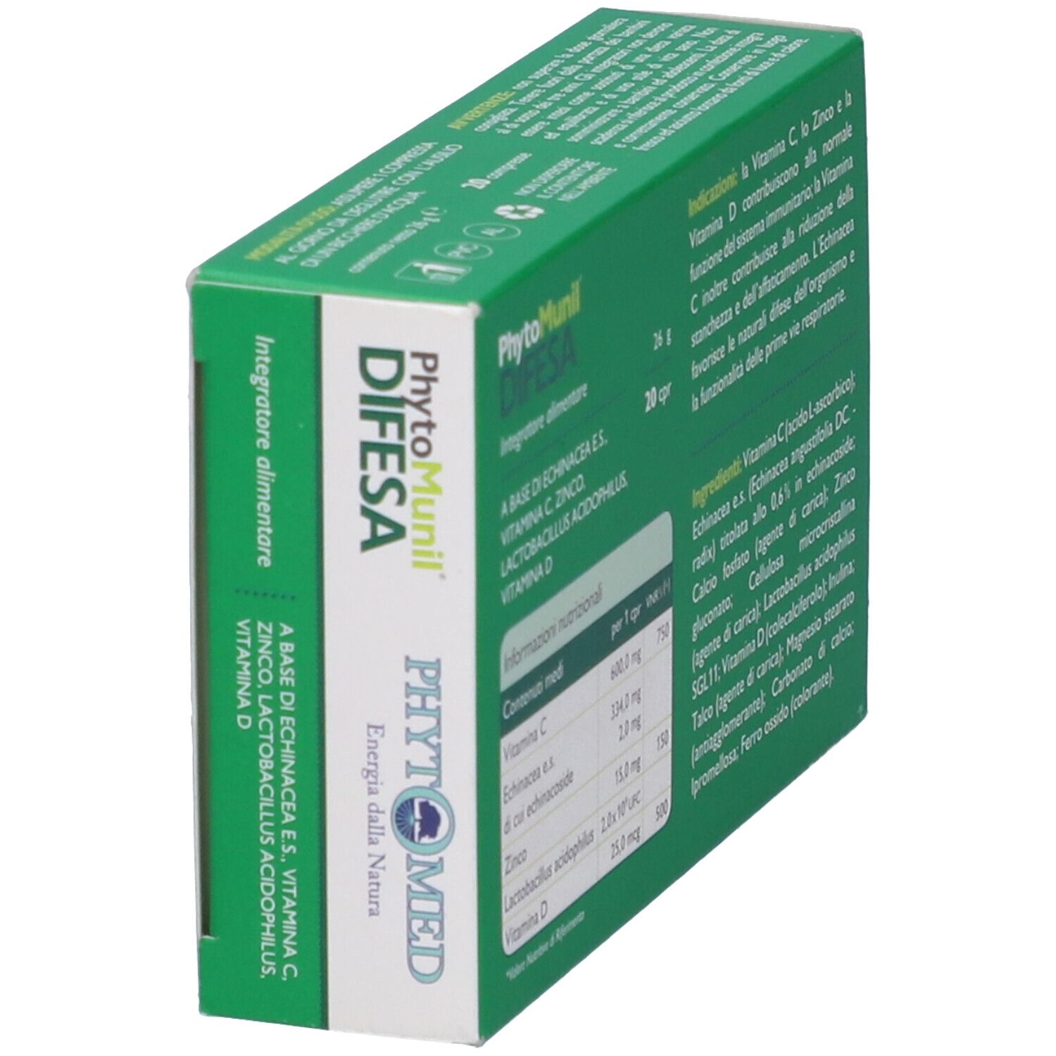 Scatola "PhytoMunil Difesa" in prospettiva. Confezione verde.